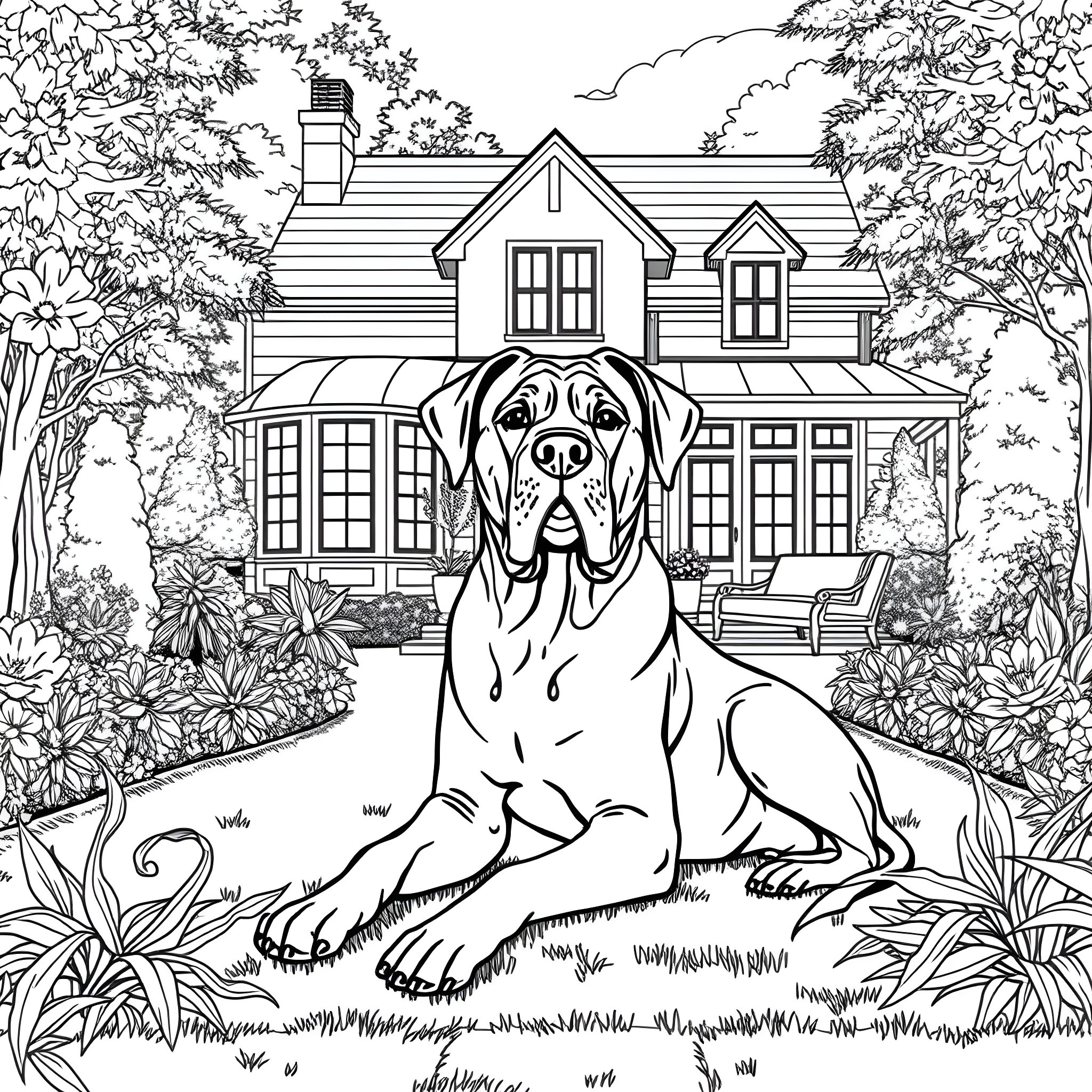 Mastiff watching over a cozy countryside home Coloring Page (free black-and-white line drawing printable PDF for all, from beginners to advanced learners, including children, teens, adults, and seniors)