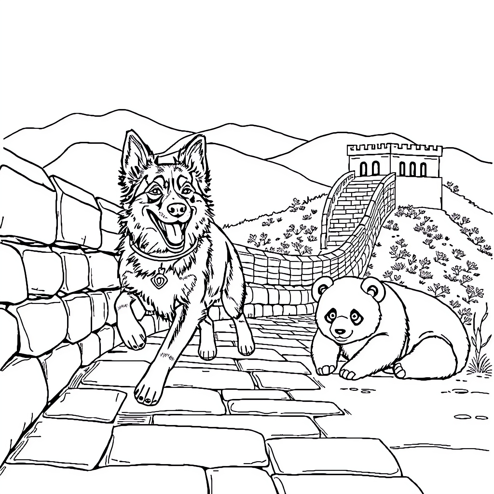 Blue Heeler and Panda Exploring Ancient Architecture Coloring Page (free black-and-white line drawing printable PDF for all, from beginners to advanced learners, including children, teens, adults, and seniors)