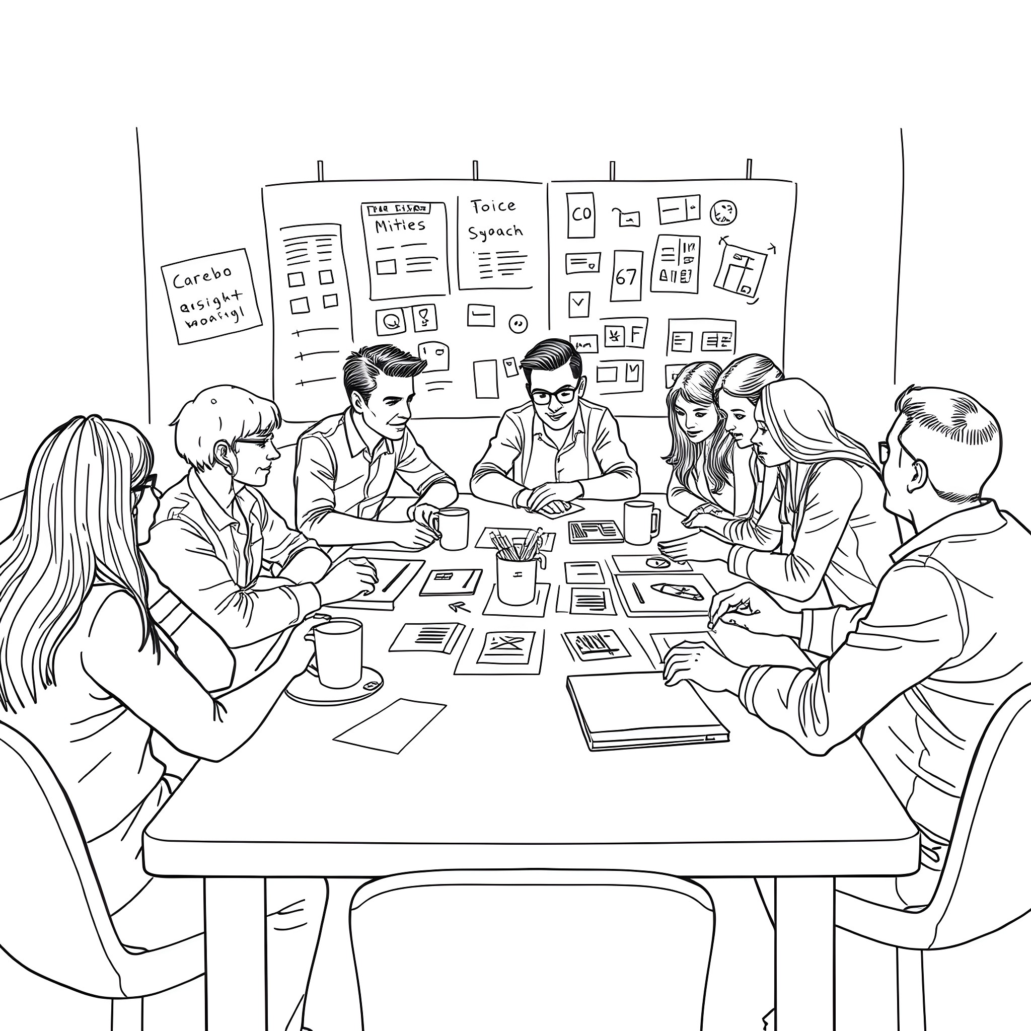 People in formal attire working together at a meeting table Coloring Page (free black-and-white line drawing printable PDF for all, from beginners to advanced learners, including children, teens, adults, and seniors)