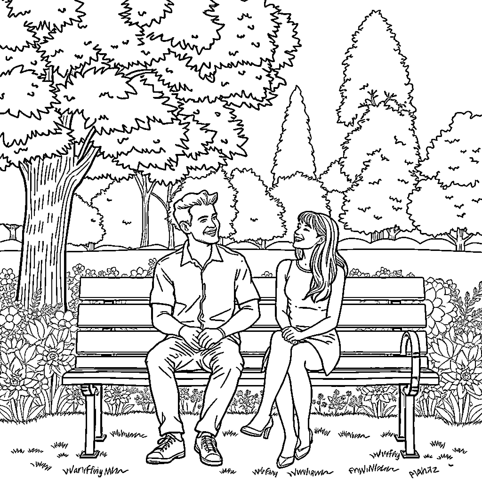 Man and Woman Sitting on Bench in Park Coloring Page (free black-and-white line drawing printable PDF for all, from beginners to advanced learners, including children, teens, adults, and seniors)