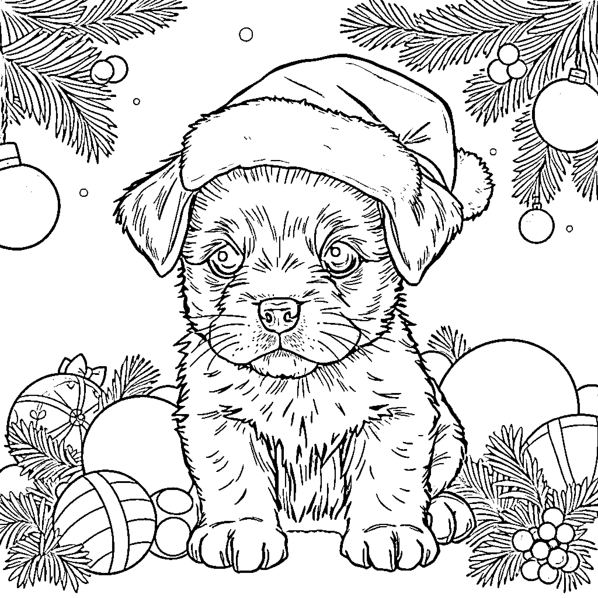 Puppy in a Santa hat surrounded by holiday decor Coloring Page (free black-and-white line drawing printable PDF for all, from beginners to advanced learners, including children, teens, adults, and seniors)