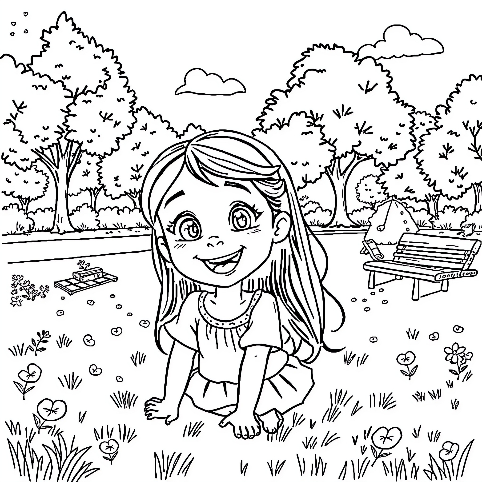 Image of a Girl Playing in a Park Coloring Page (free black-and-white line drawing printable PDF for all, from beginners to advanced learners, including children, teens, adults, and seniors)
