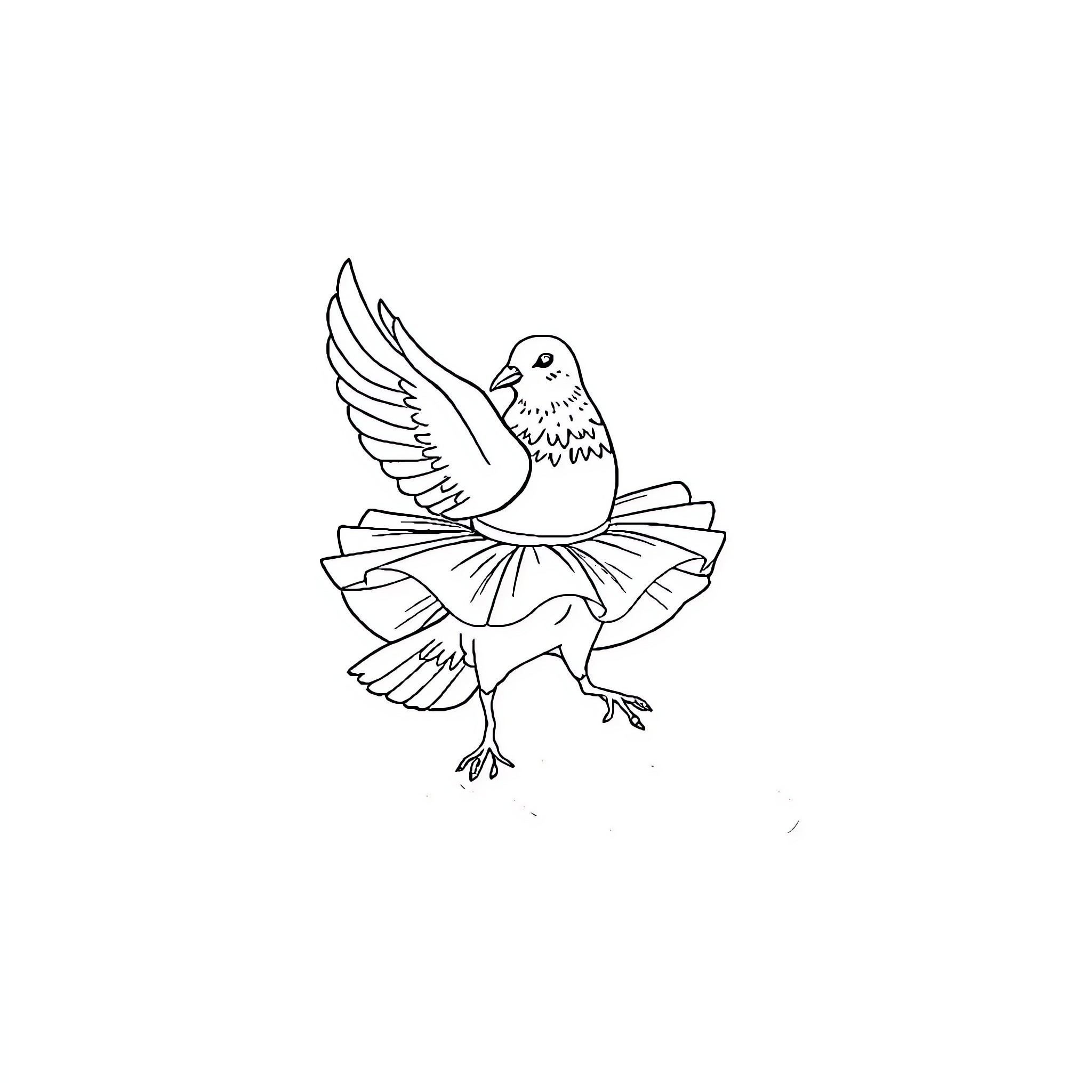 Pigeon dancing with tutu Coloring Page (free black-and-white line drawing printable PDF for all, from beginners to advanced learners, including children, teens, adults, and seniors)
