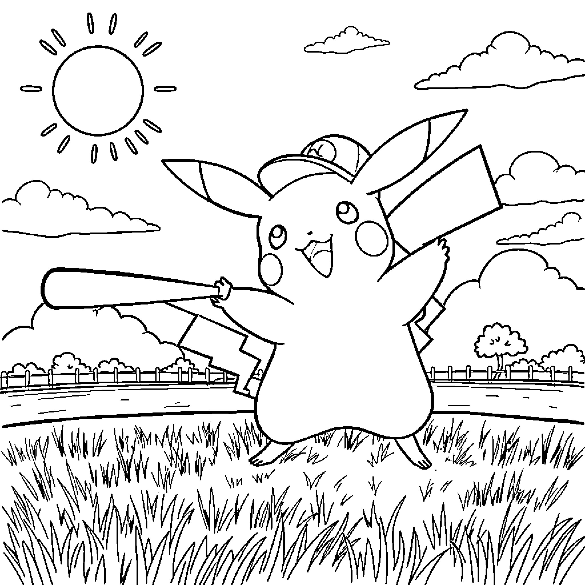 Pikachu exploring the countryside Coloring Page (free black-and-white line drawing printable PDF for all, from beginners to advanced learners, including children, teens, adults, and seniors)