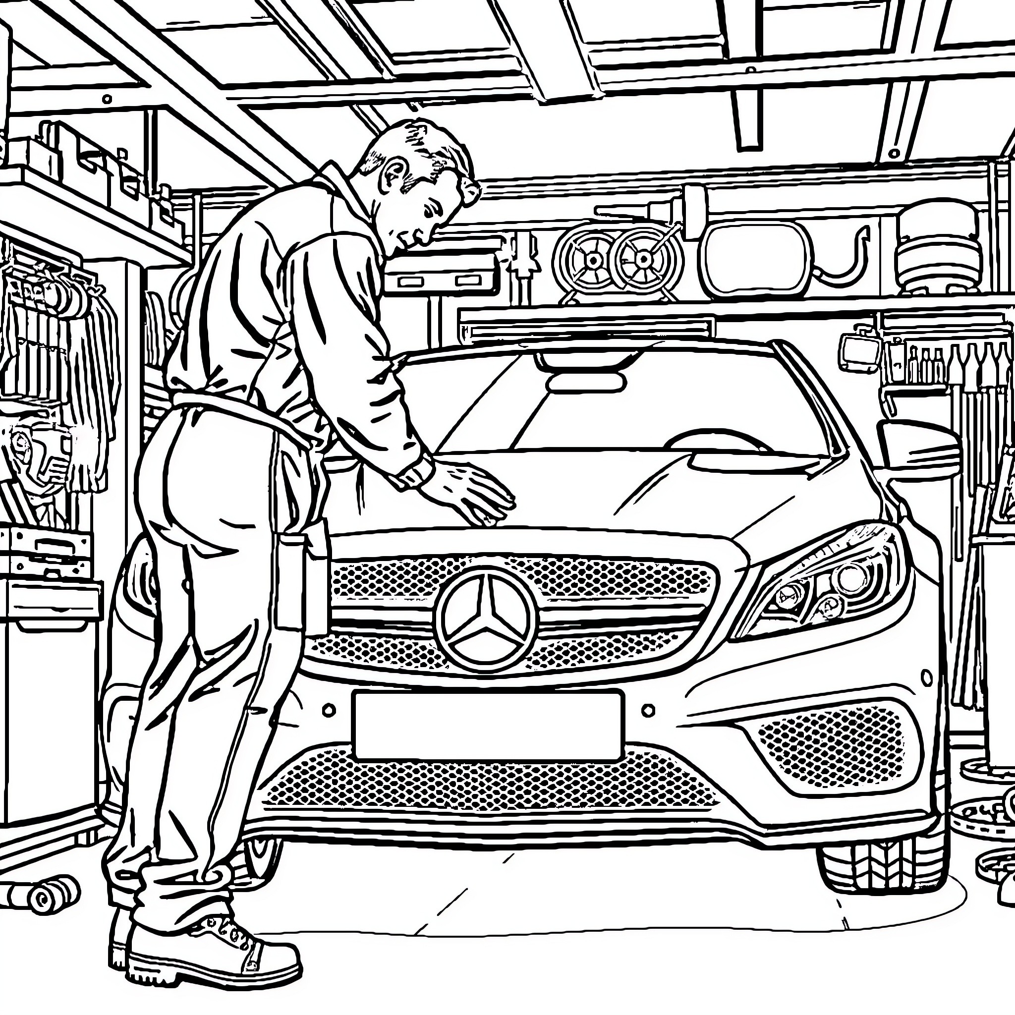 Mechanic working diligently on vehicle maintenance Coloring Page (free black-and-white line drawing printable PDF for all, from beginners to advanced learners, including children, teens, adults, and seniors)