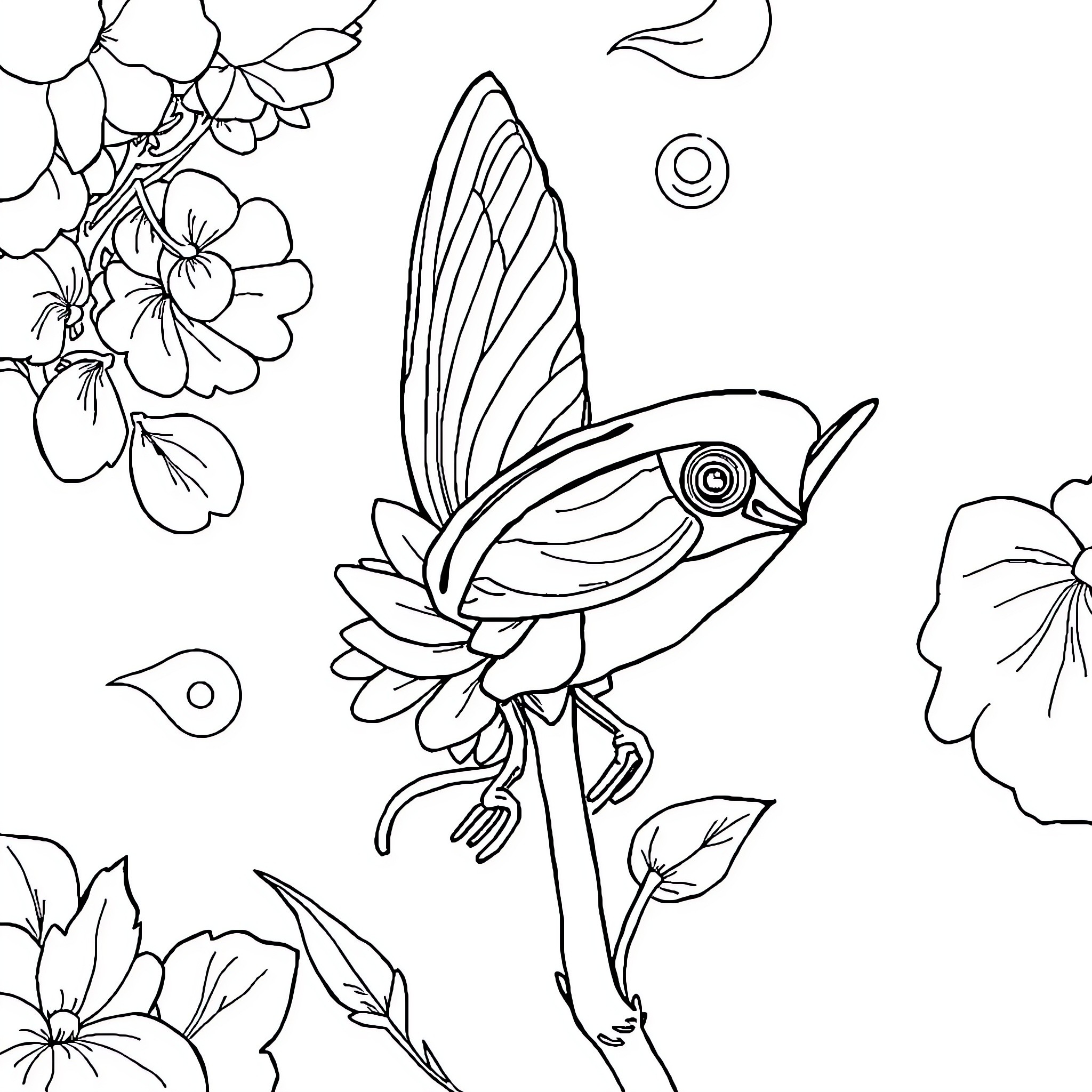 Labubu's Whimsical Floral Adventure Coloring Page (free black-and-white line drawing printable PDF for all, from beginners to advanced learners, including children, teens, adults, and seniors)