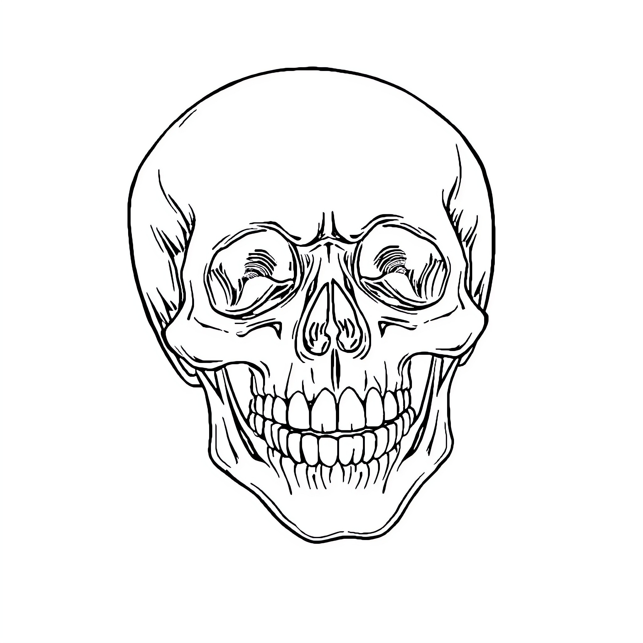 Skull grinning menacingly in black and white Coloring Page (free black-and-white line drawing printable PDF for all, from beginners to advanced learners, including children, teens, adults, and seniors)