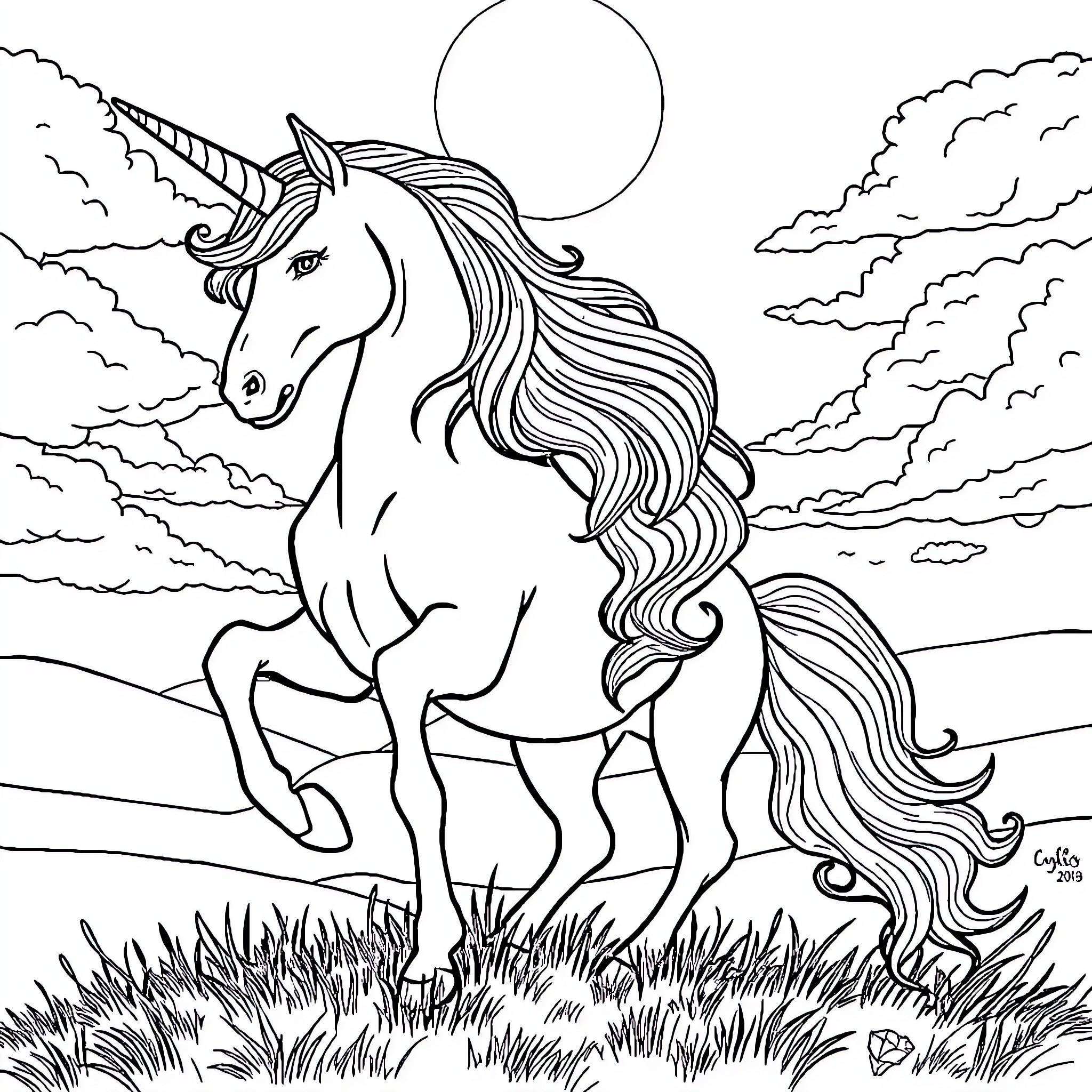 Aurore's Enchanting Unicorn Meadow Coloring Page (free black-and-white line drawing printable PDF for all, from beginners to advanced learners, including children, teens, adults, and seniors)