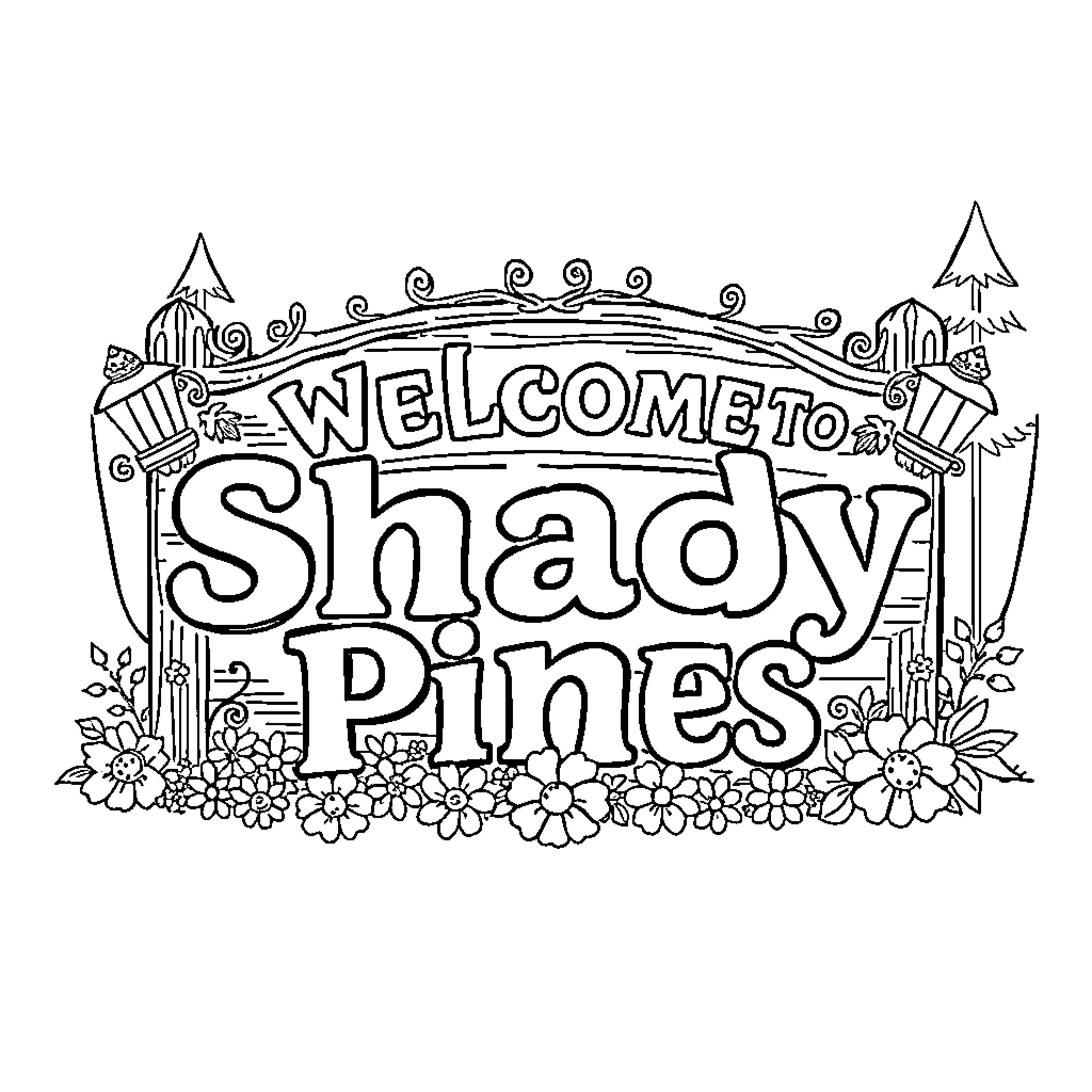 Golden Girls Welcoming Visitors to Shady Pines Coloring Page (free black-and-white line drawing printable PDF for all, from beginners to advanced learners, including children, teens, adults, and seniors)