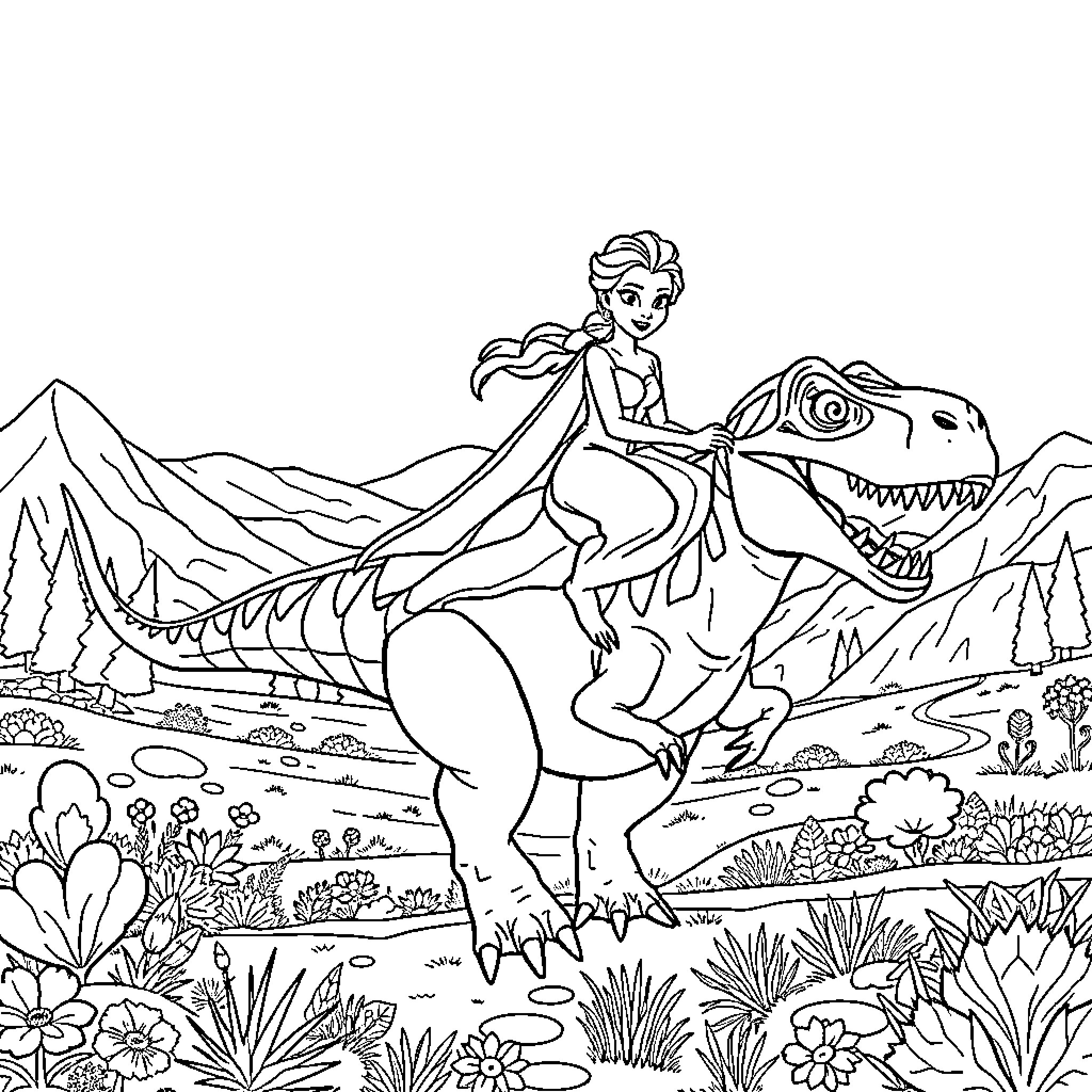 Elsa's Fantastic Dinosaur Adventure Coloring Page (free black-and-white line drawing printable PDF for all, from beginners to advanced learners, including children, teens, adults, and seniors)