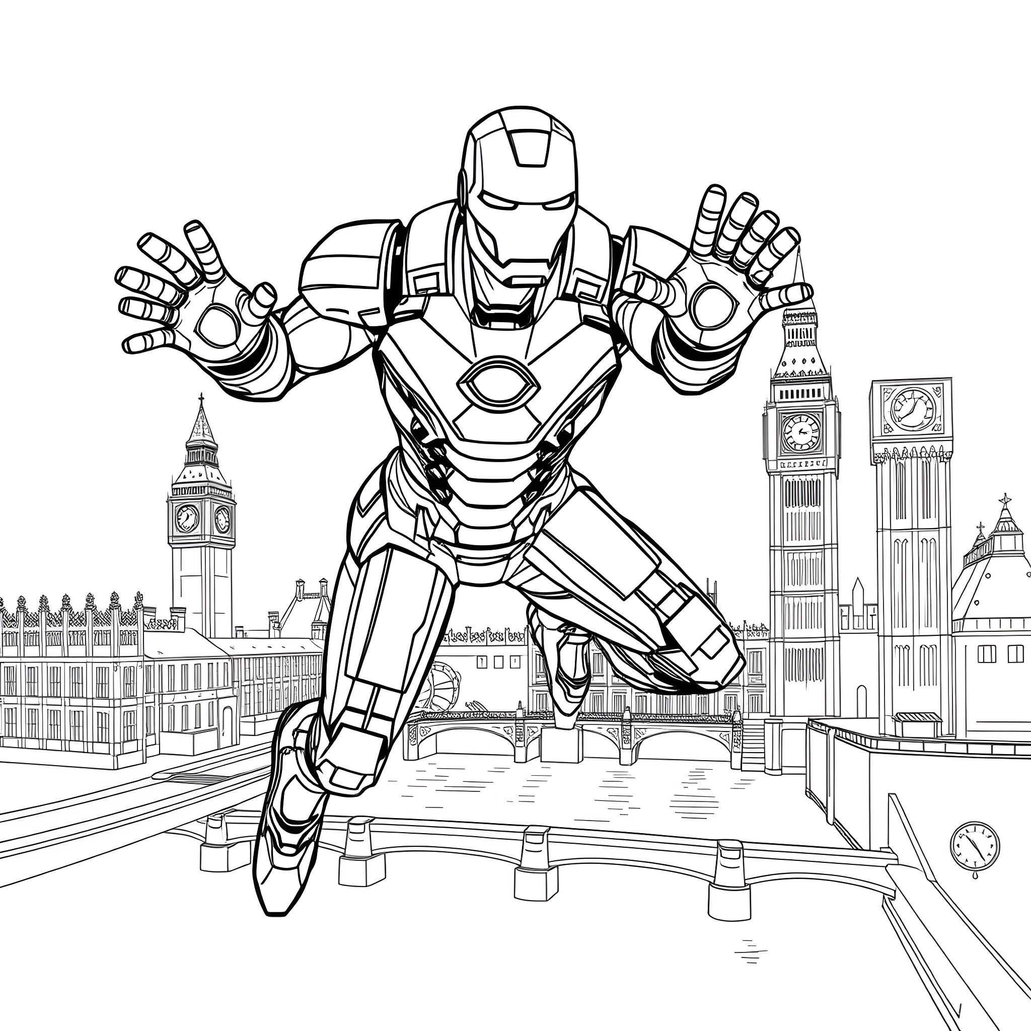 Iron Man flying above the city skyline Coloring Page (free black-and-white line drawing printable PDF for all, from beginners to advanced learners, including children, teens, adults, and seniors)