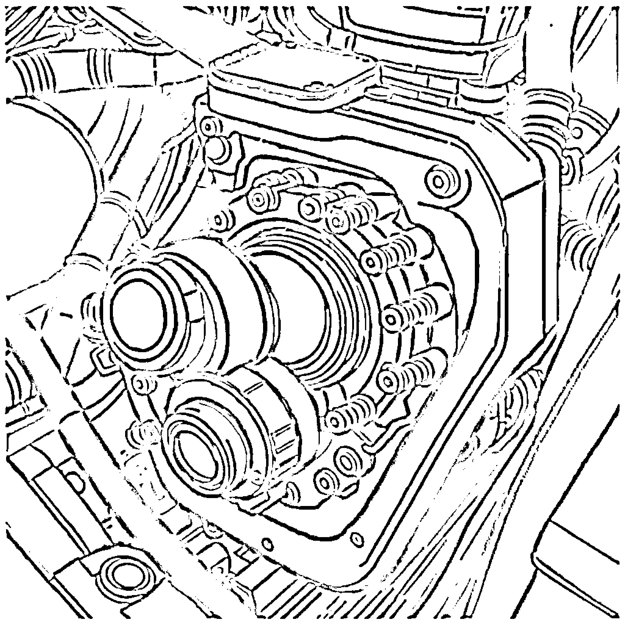 Gearbox of a Mechanical Engine Coloring Page (free black-and-white line drawing printable PDF for all, from beginners to advanced learners, including children, teens, adults, and seniors)