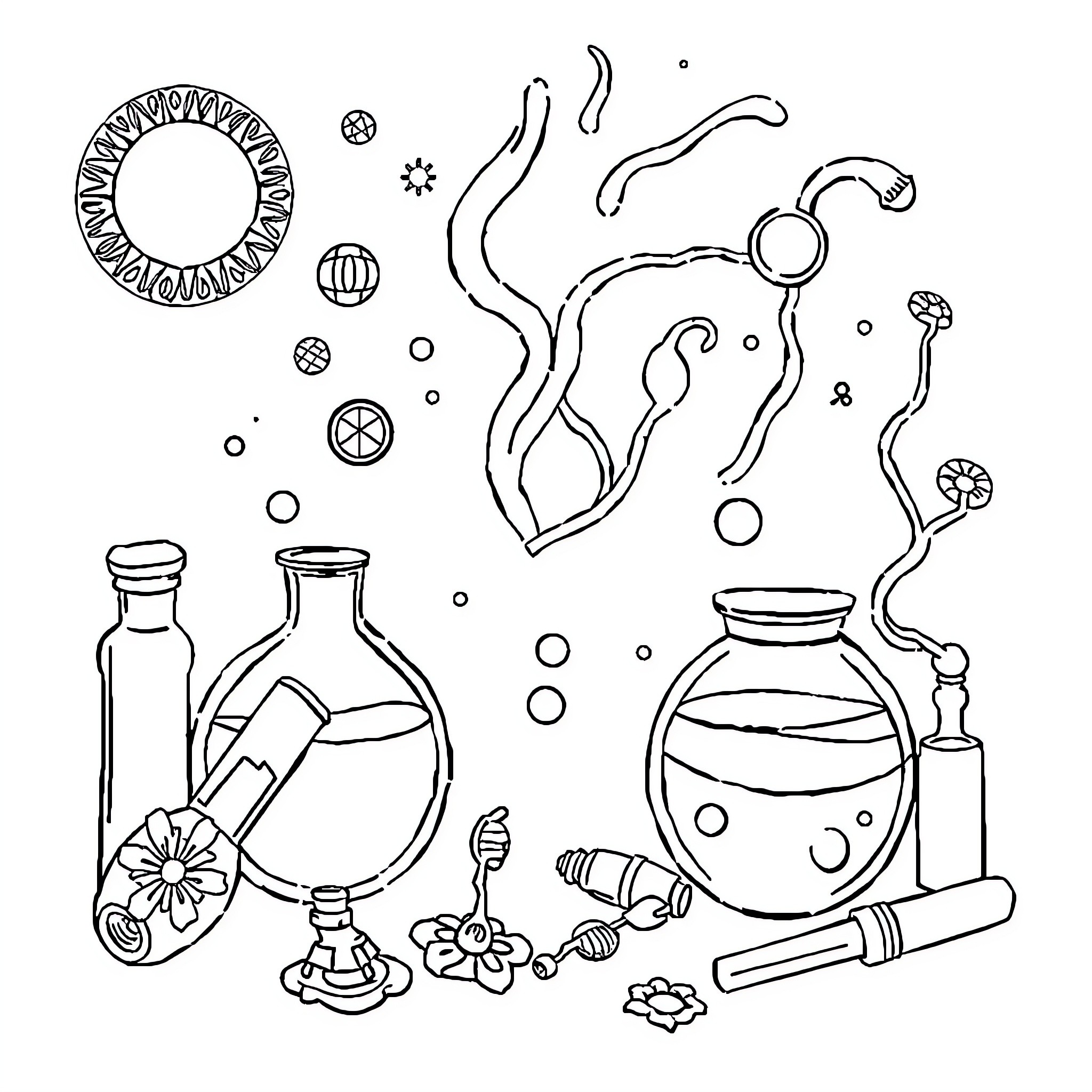 Science equipment and symbols in abstract style Coloring Page (free black-and-white line drawing printable PDF for all, from beginners to advanced learners, including children, teens, adults, and seniors)