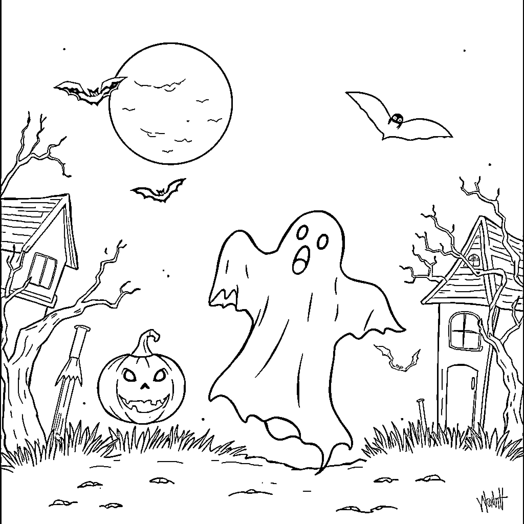 Ghost decorations and haunted scenery Coloring Page (free black-and-white line drawing printable PDF for all, from beginners to advanced learners, including children, teens, adults, and seniors)