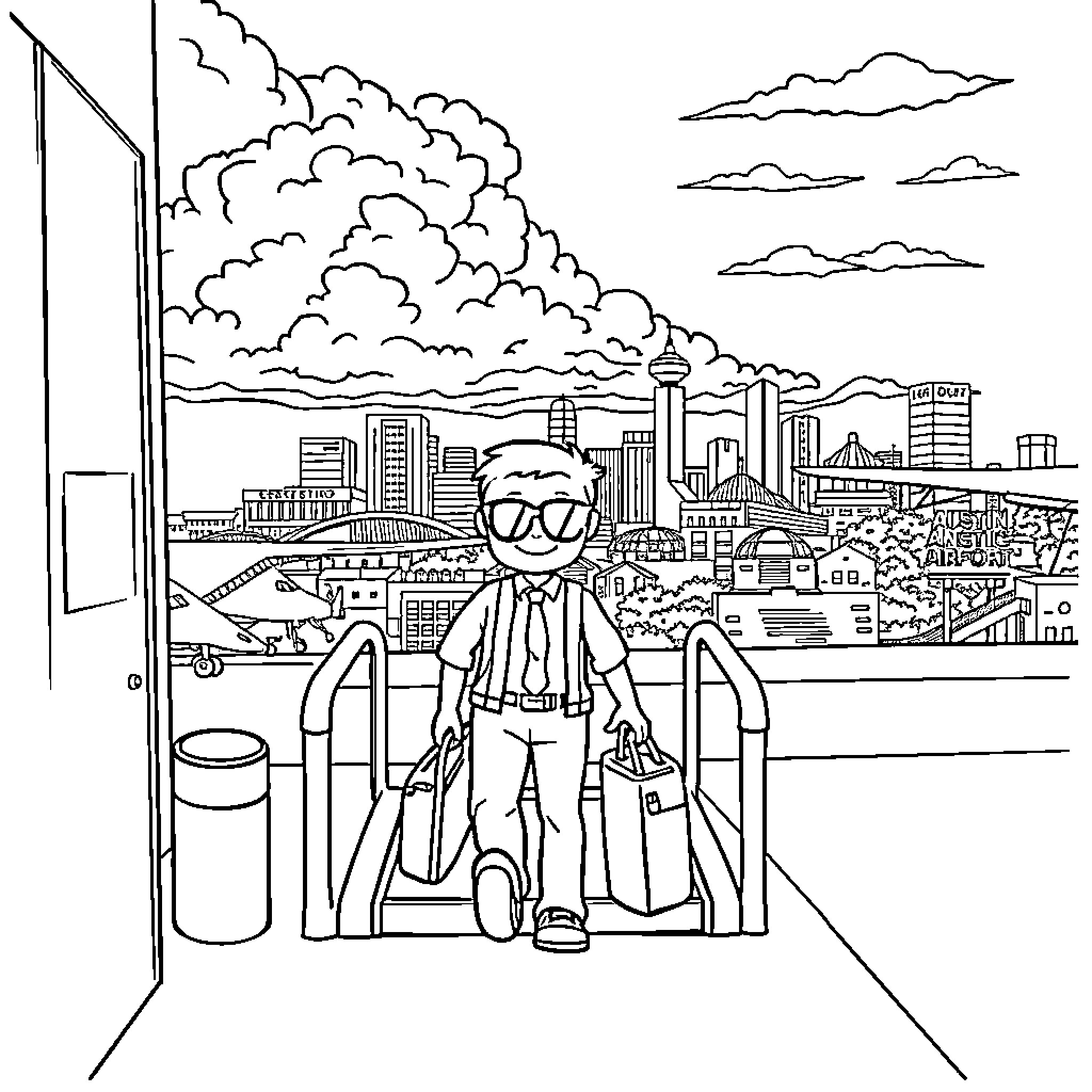 Bluey's Cityscape Adventure Coloring Page (free black-and-white line drawing printable PDF for all, from beginners to advanced learners, including children, teens, adults, and seniors)