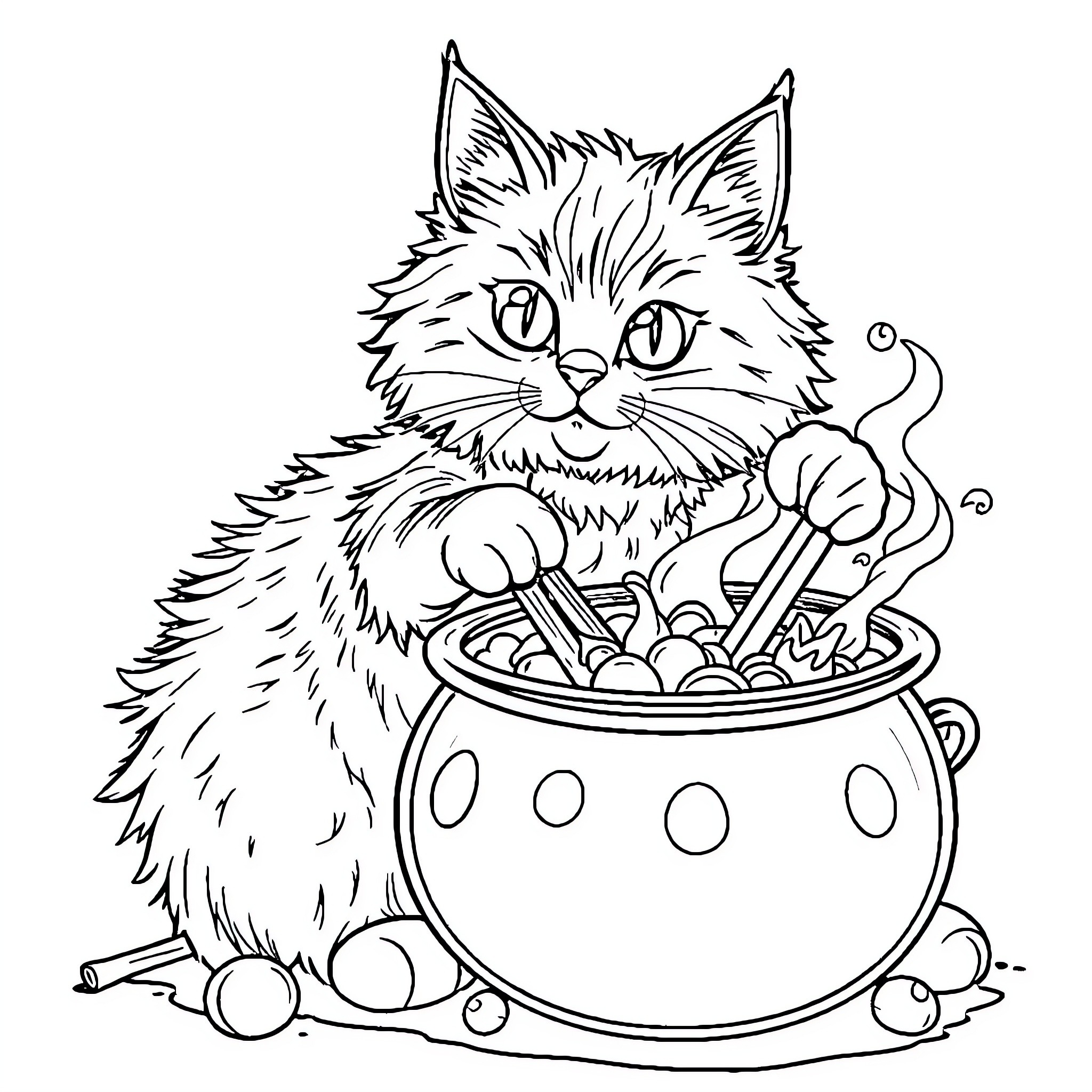 Cat enjoying a pot of delicious treats Coloring Page (free black-and-white line drawing printable PDF for all, from beginners to advanced learners, including children, teens, adults, and seniors)