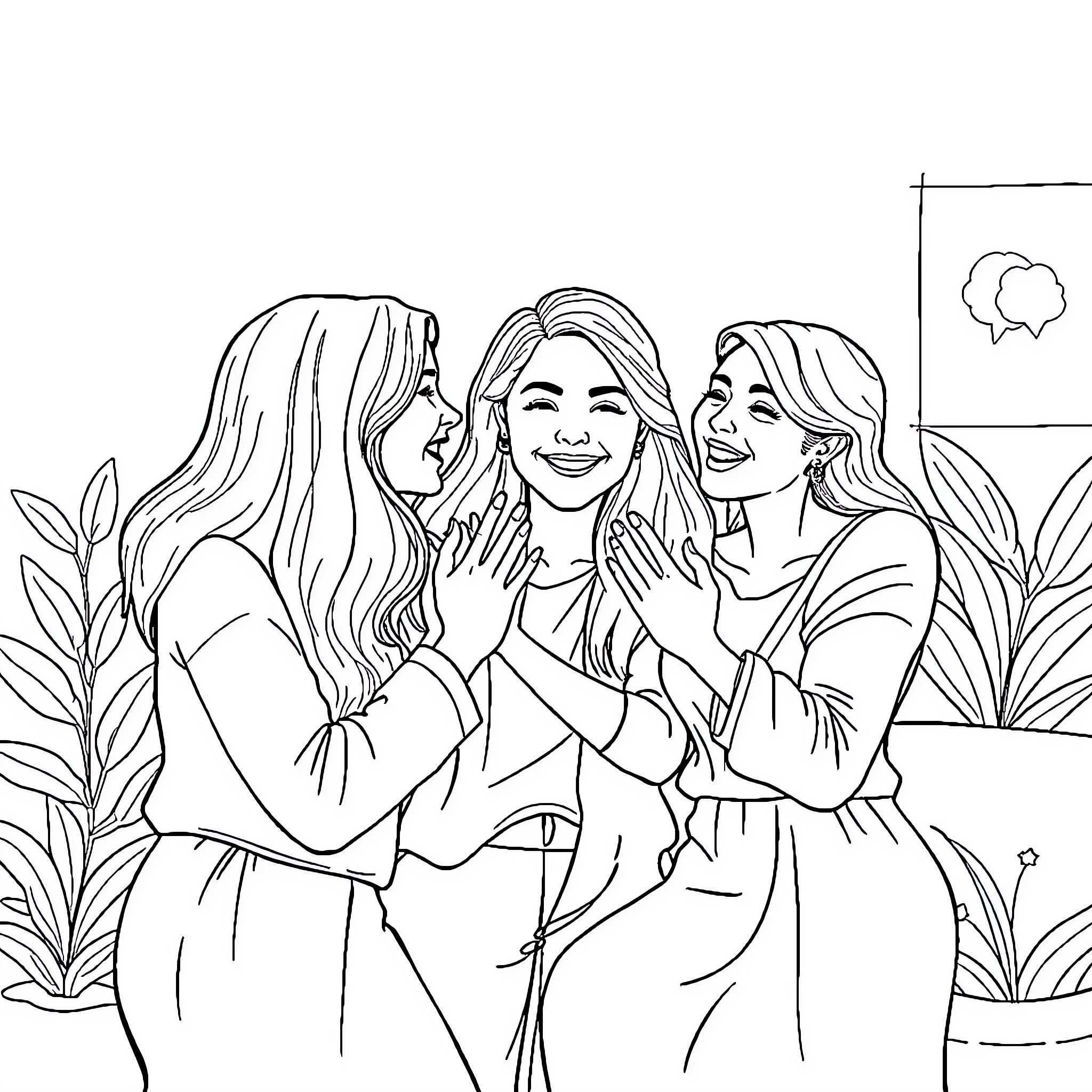 Women in friendly conversation with warm smiles Coloring Page (free black-and-white line drawing printable PDF for all, from beginners to advanced learners, including children, teens, adults, and seniors)