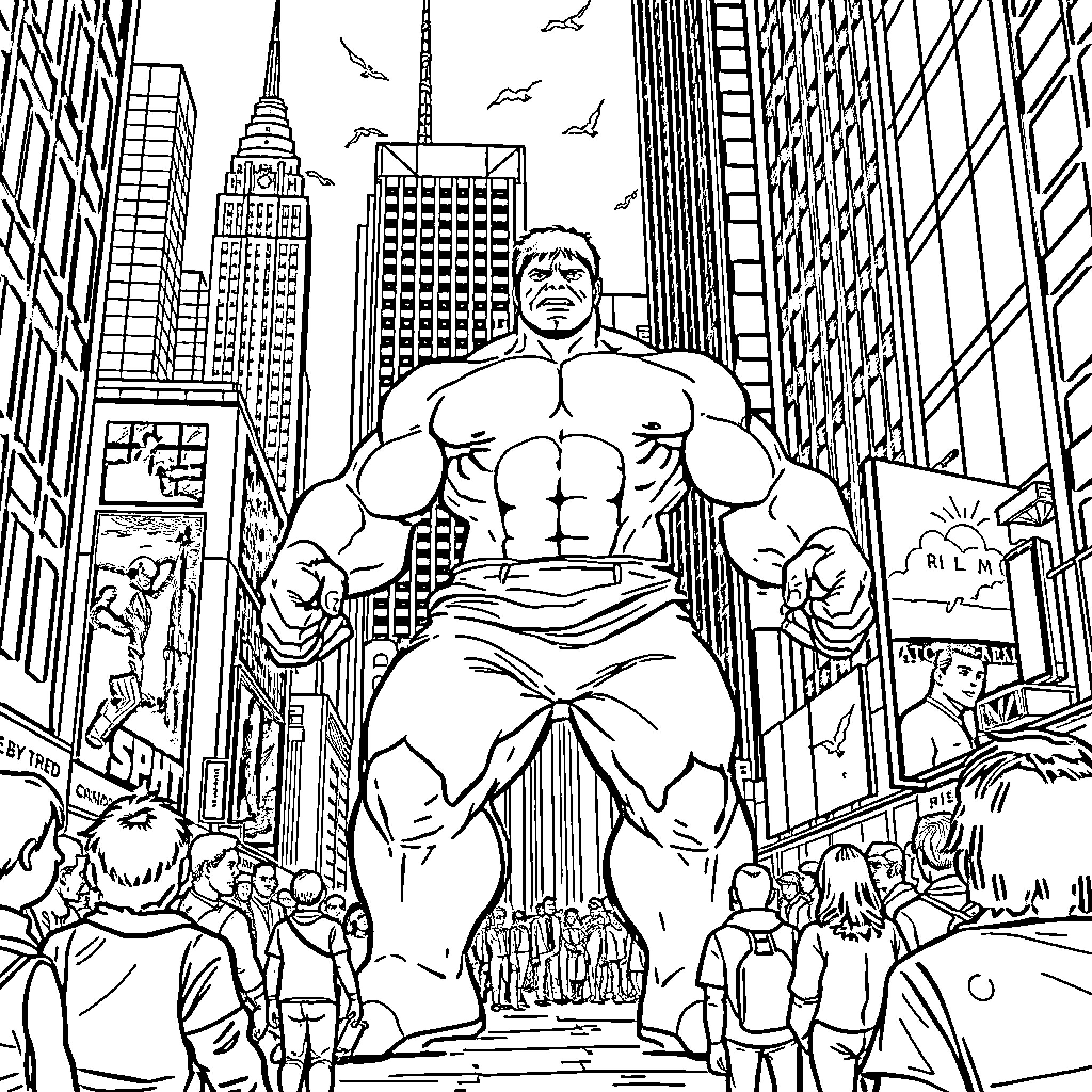 Hulk Stands Tall Amidst the Bustling City Coloring Page (free black-and-white line drawing printable PDF for all, from beginners to advanced learners, including children, teens, adults, and seniors)