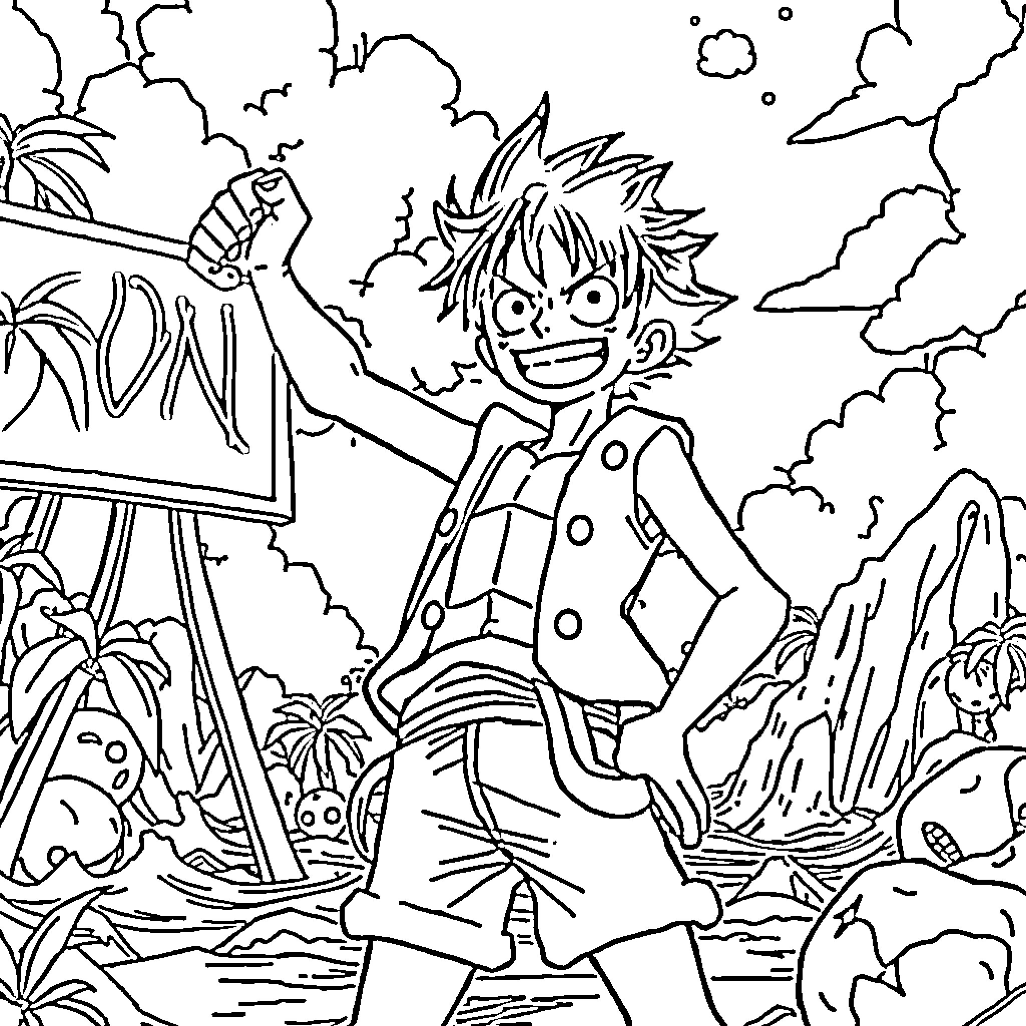 Luffy's Adventurous Exploration in the Mysterious Jungle Coloring Page (free black-and-white line drawing printable PDF for all, from beginners to advanced learners, including children, teens, adults, and seniors)