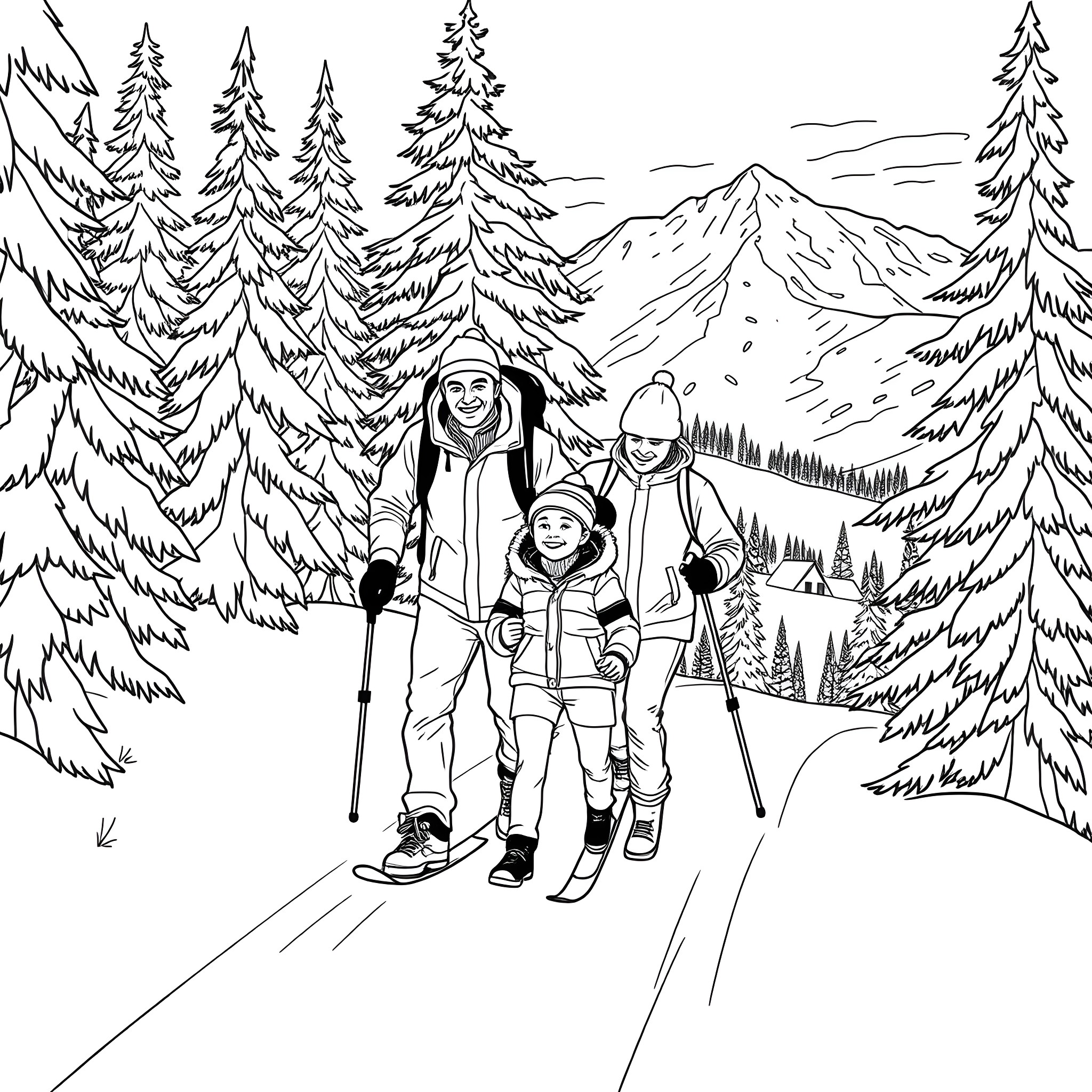 Man and children hiking through snowy woods Coloring Page (free black-and-white line drawing printable PDF for all, from beginners to advanced learners, including children, teens, adults, and seniors)