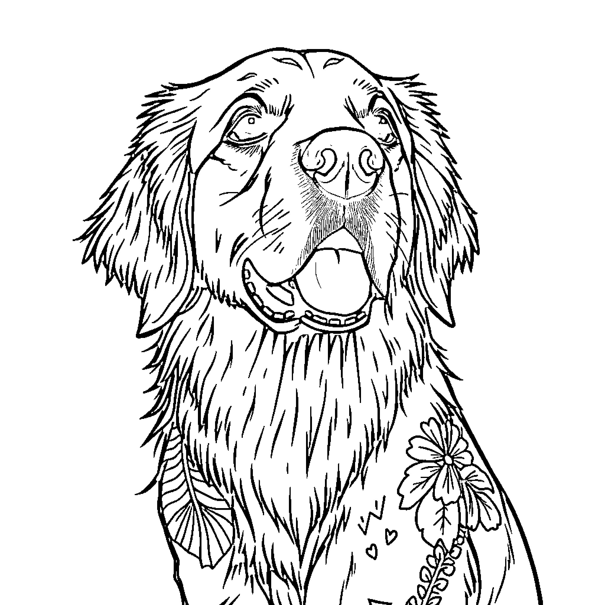 Golden Retriever with Floral Patterns Coloring Page (free black-and-white line drawing printable PDF for all, from beginners to advanced learners, including children, teens, adults, and seniors)