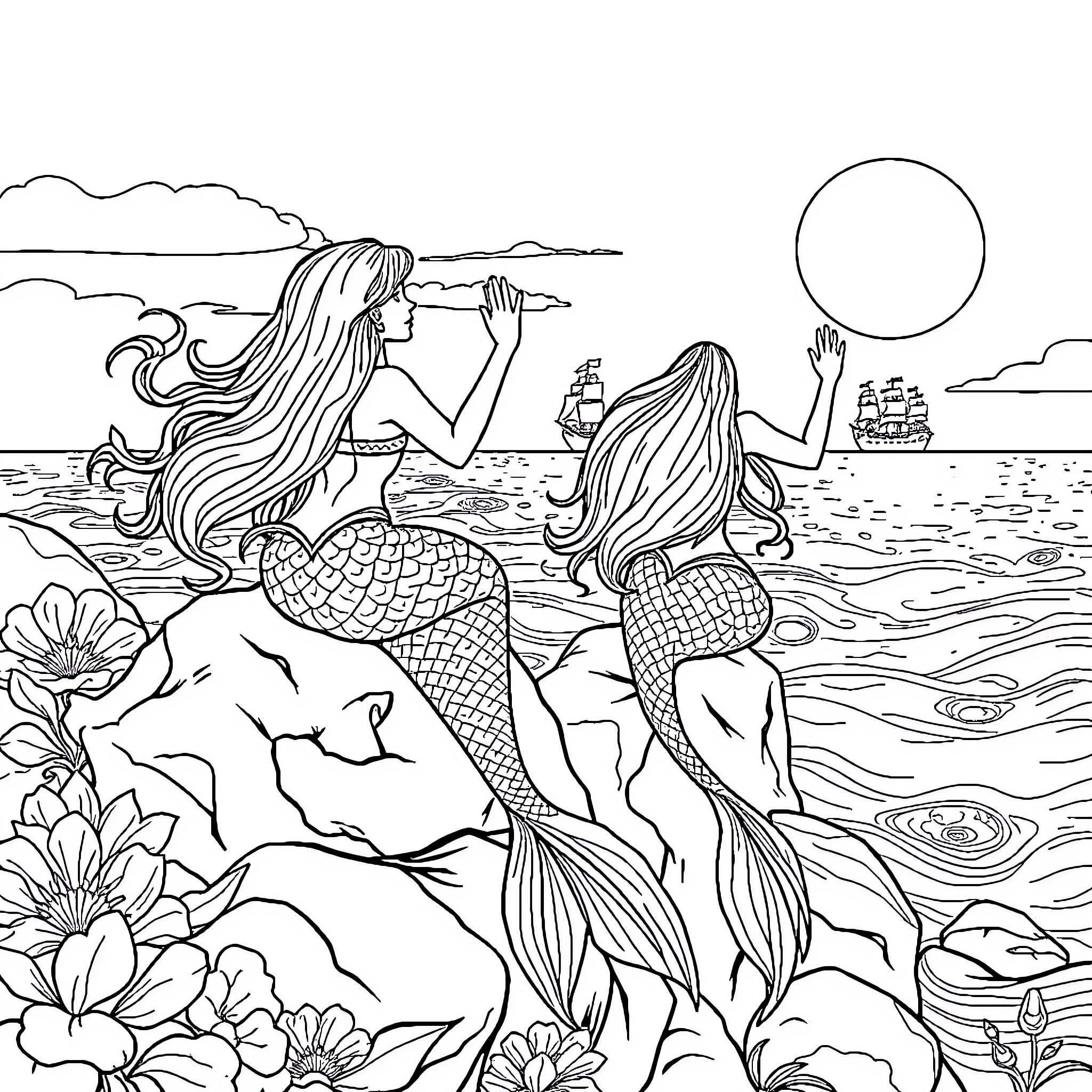 Mermaid sisters exploring the sea and watching ships Coloring Page (free black-and-white line drawing printable PDF for all, from beginners to advanced learners, including children, teens, adults, and seniors)