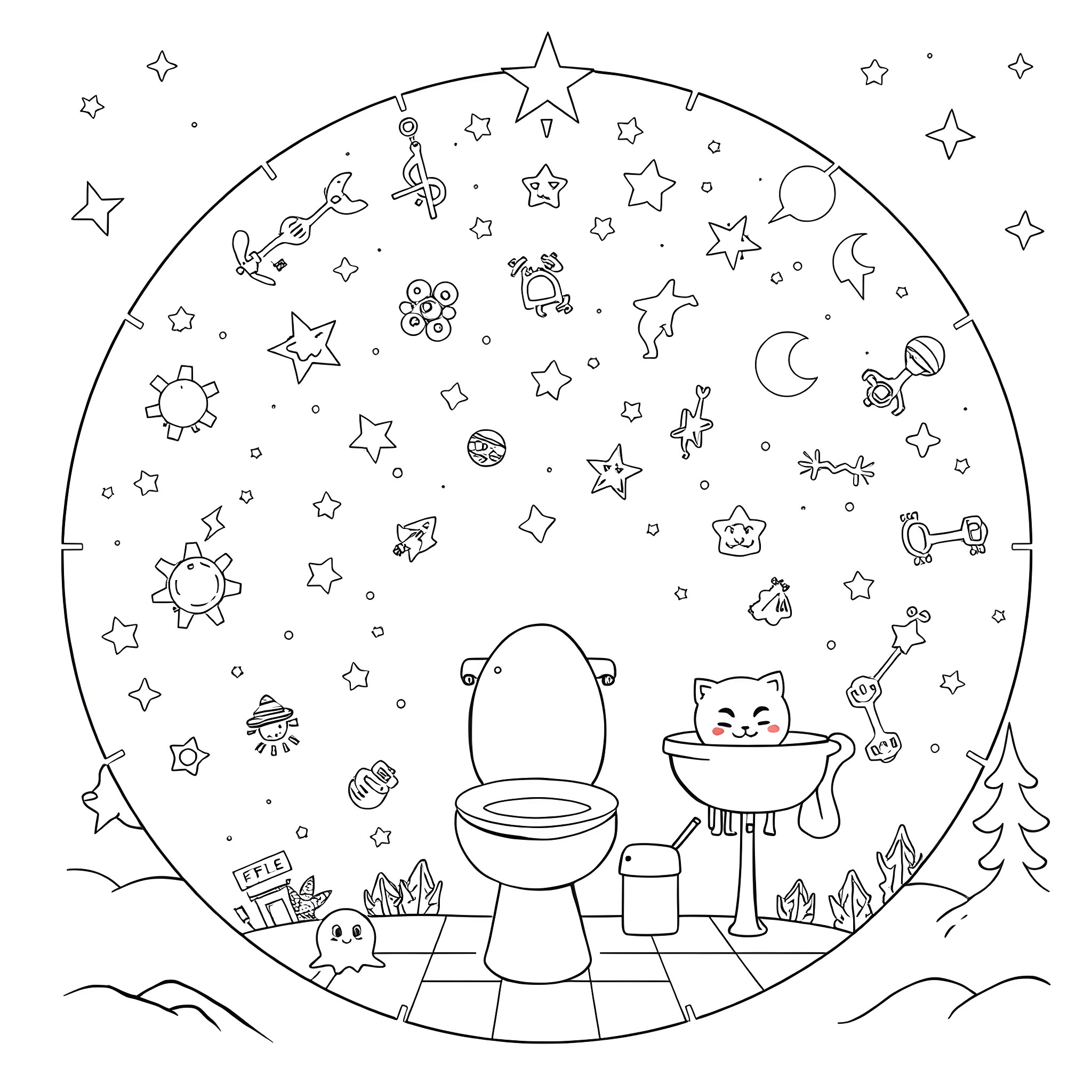 Star Chart of Whimsical Celestial Imagery Coloring Page (free black-and-white line drawing printable PDF for all, from beginners to advanced learners, including children, teens, adults, and seniors)