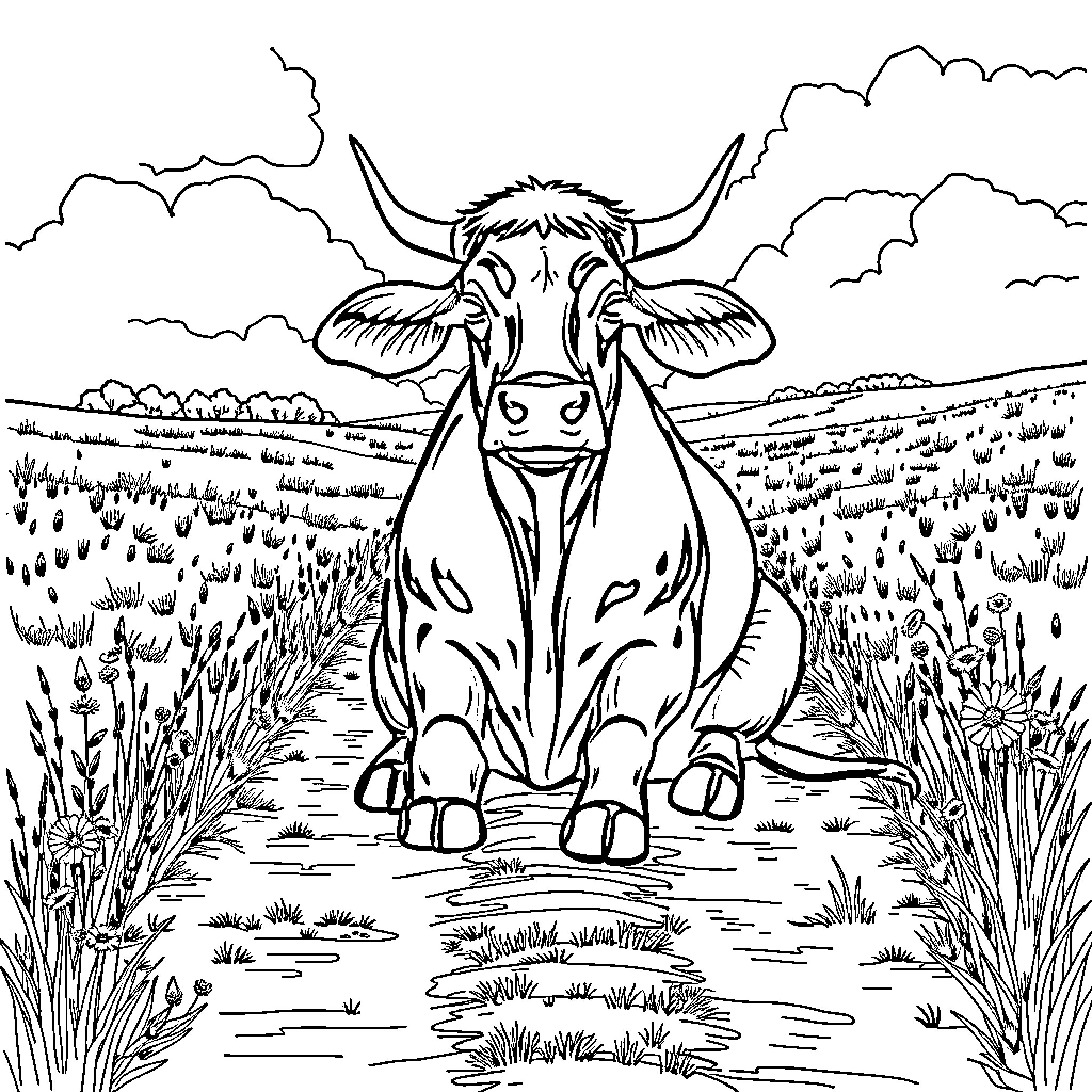 Cow resting peacefully in a field Coloring Page (free black-and-white line drawing printable PDF for all, from beginners to advanced learners, including children, teens, adults, and seniors)