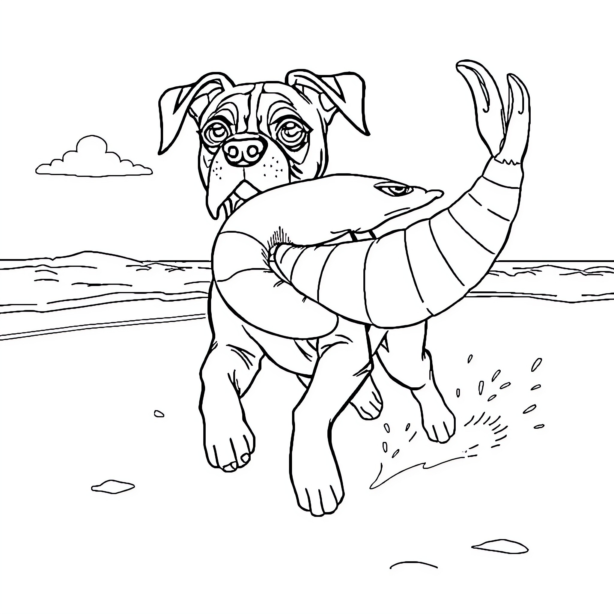 Boxer dog chasing a fish in the water Coloring Page (free black-and-white line drawing printable PDF for all, from beginners to advanced learners, including children, teens, adults, and seniors)