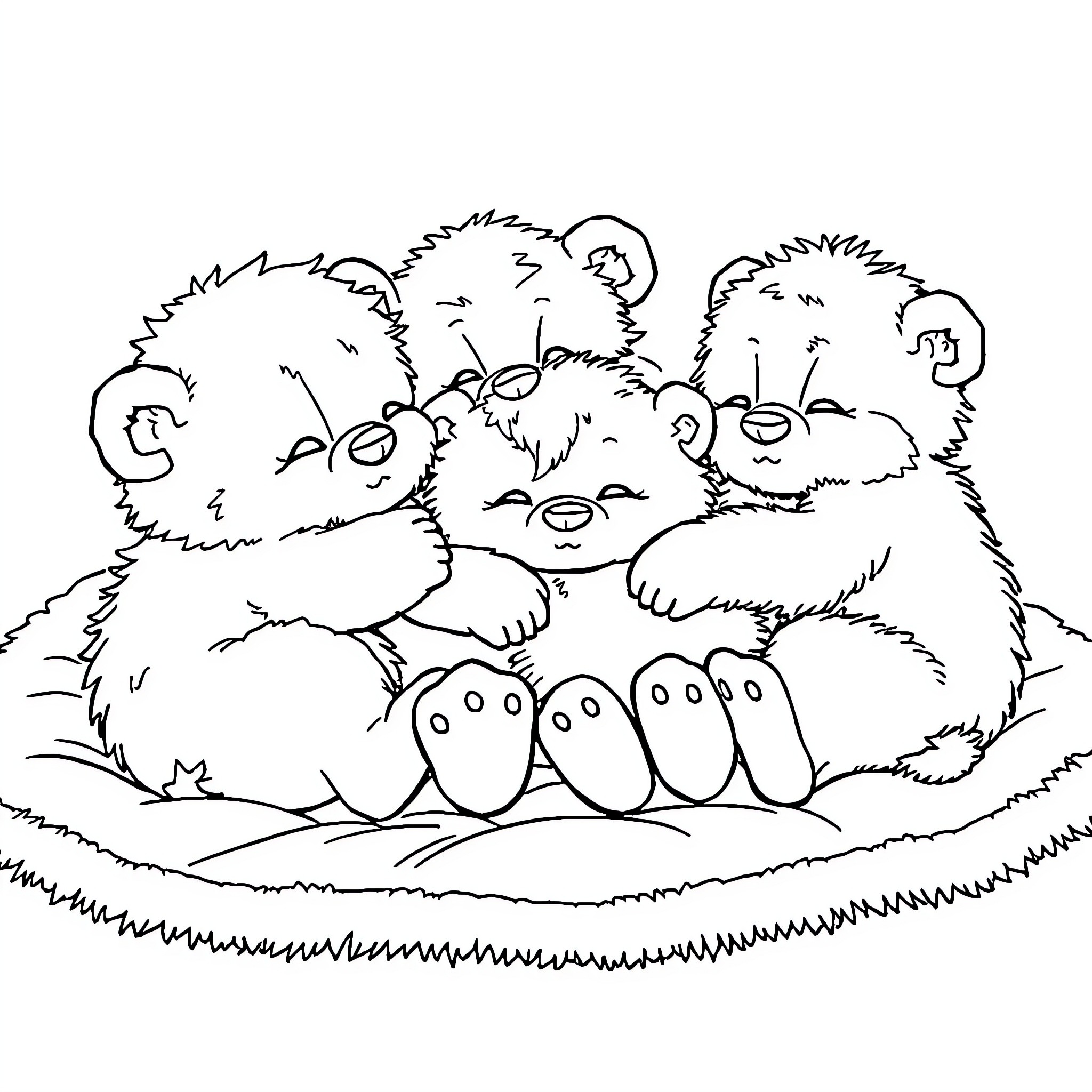 Buddy Cuddles with Pals on Grass Coloring Page (free black-and-white line drawing printable PDF for all, from beginners to advanced learners, including children, teens, adults, and seniors)