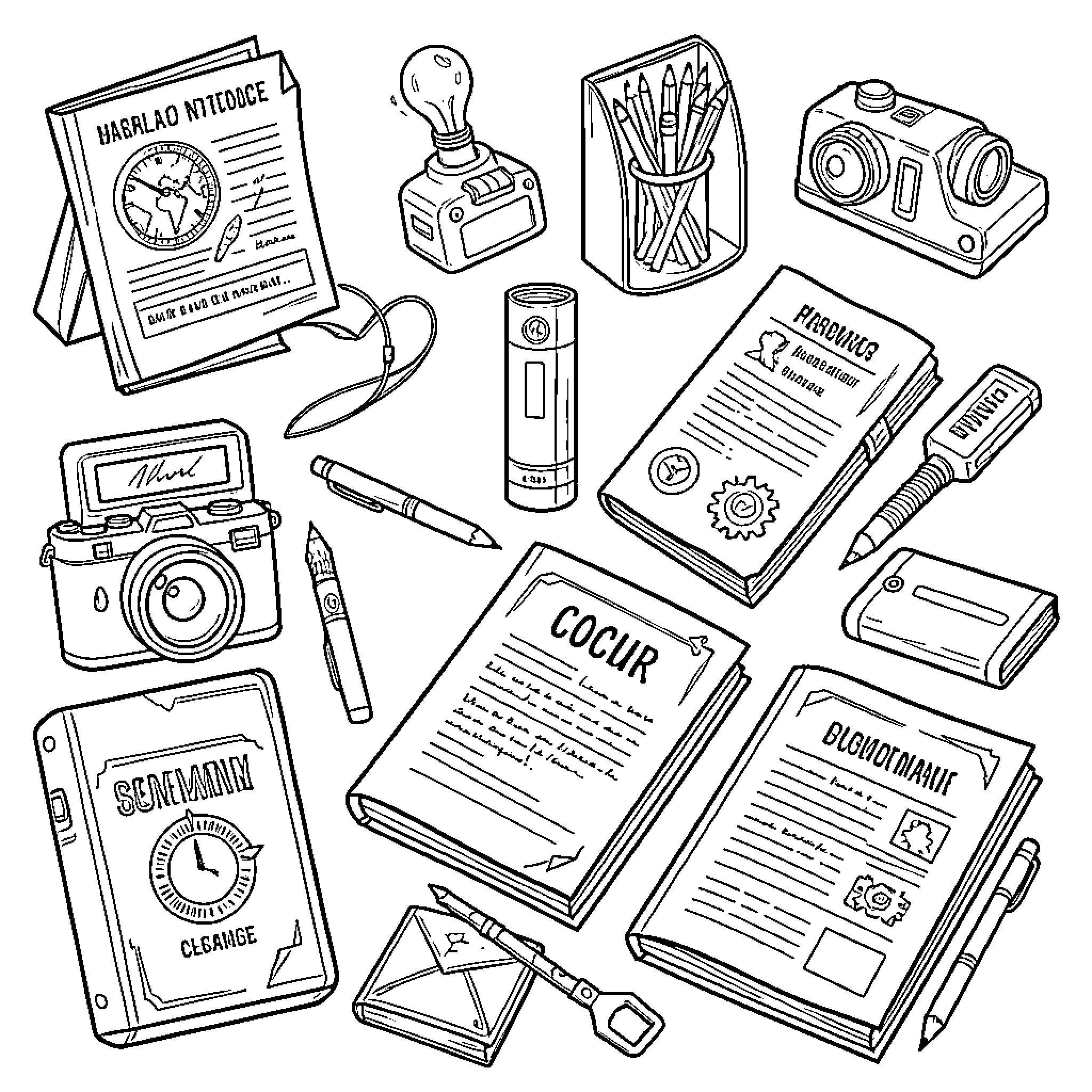 Important Thing collection of various stationary and office supplies Coloring Page (free black-and-white line drawing printable PDF for all, from beginners to advanced learners, including children, teens, adults, and seniors)