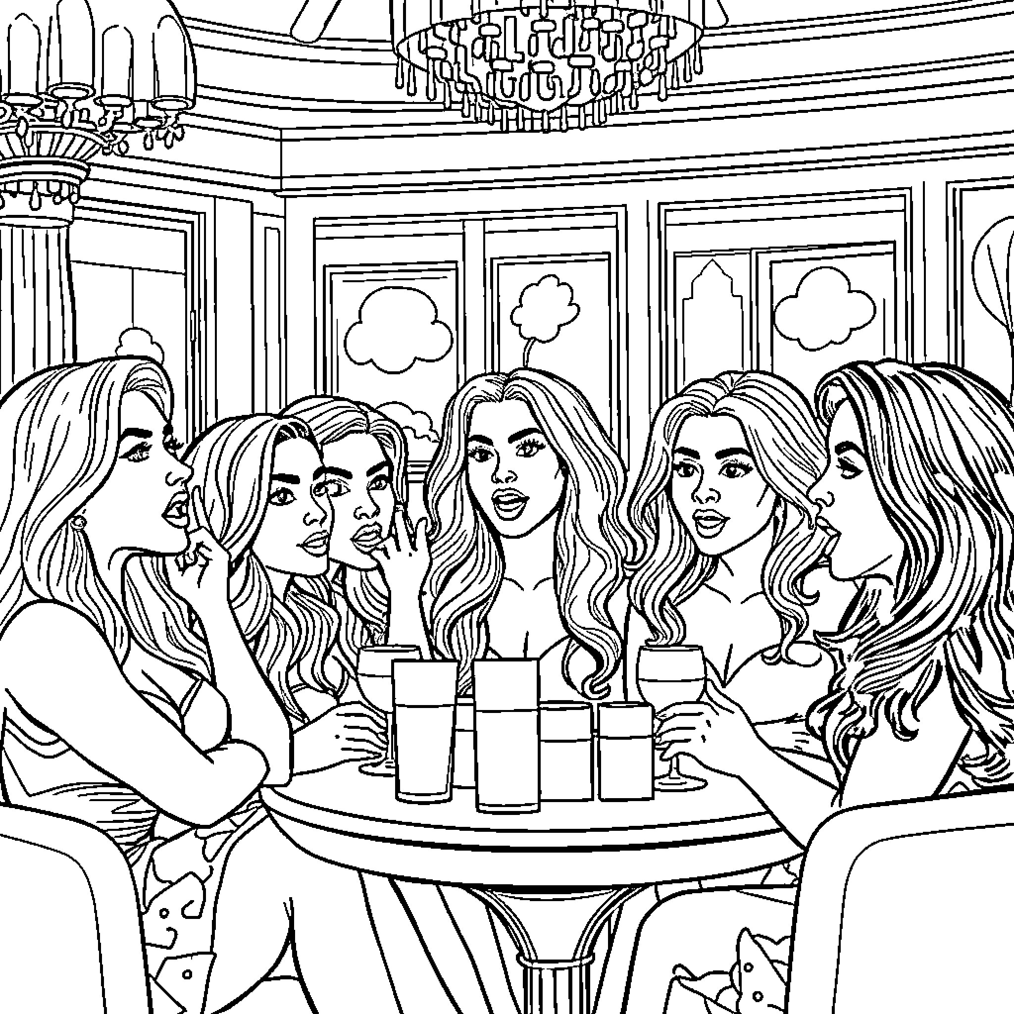 Real Housewives Gather for Drinks and Conversation Coloring Page (free black-and-white line drawing printable PDF for all, from beginners to advanced learners, including children, teens, adults, and seniors)