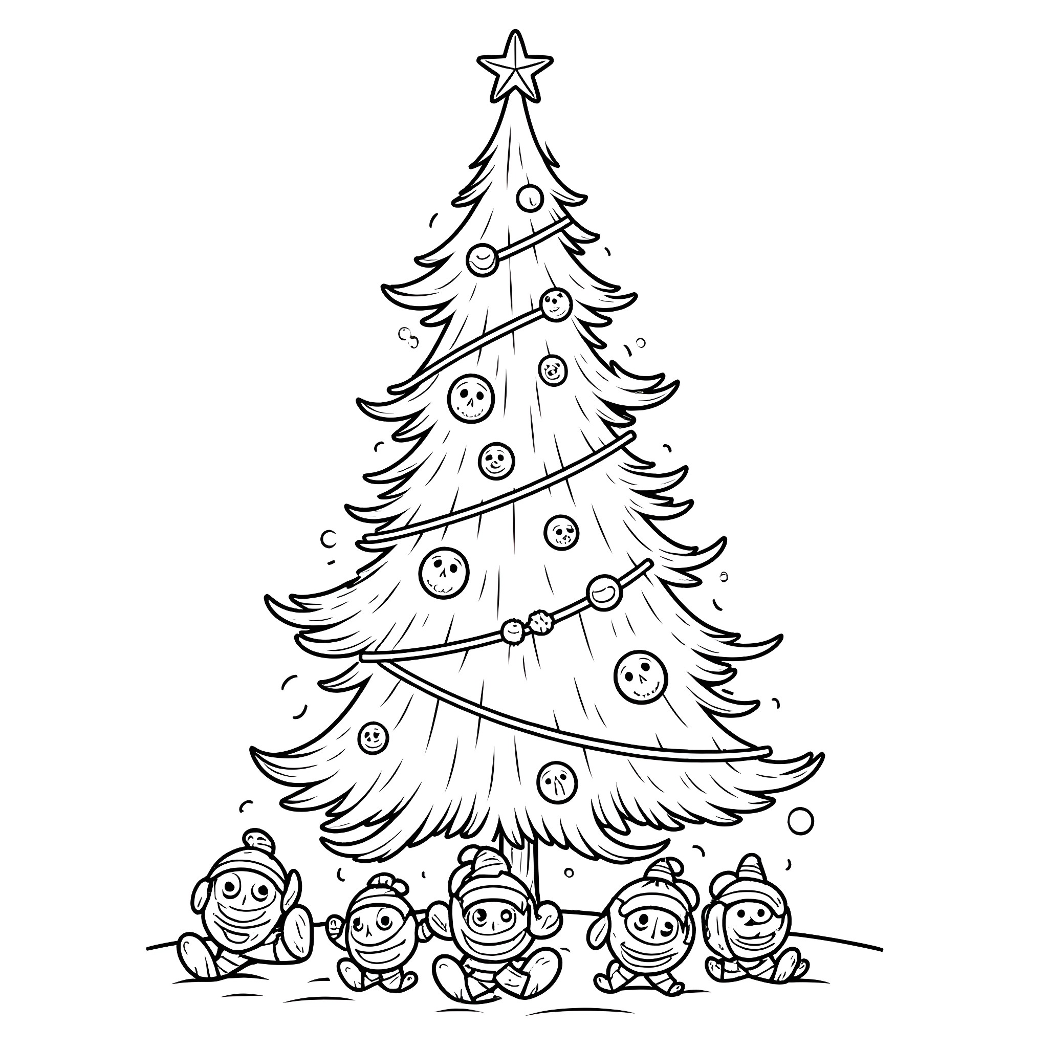 Christmas Tree with Happy Elves Coloring Page (free black-and-white line drawing printable PDF for all, from beginners to advanced learners, including children, teens, adults, and seniors)