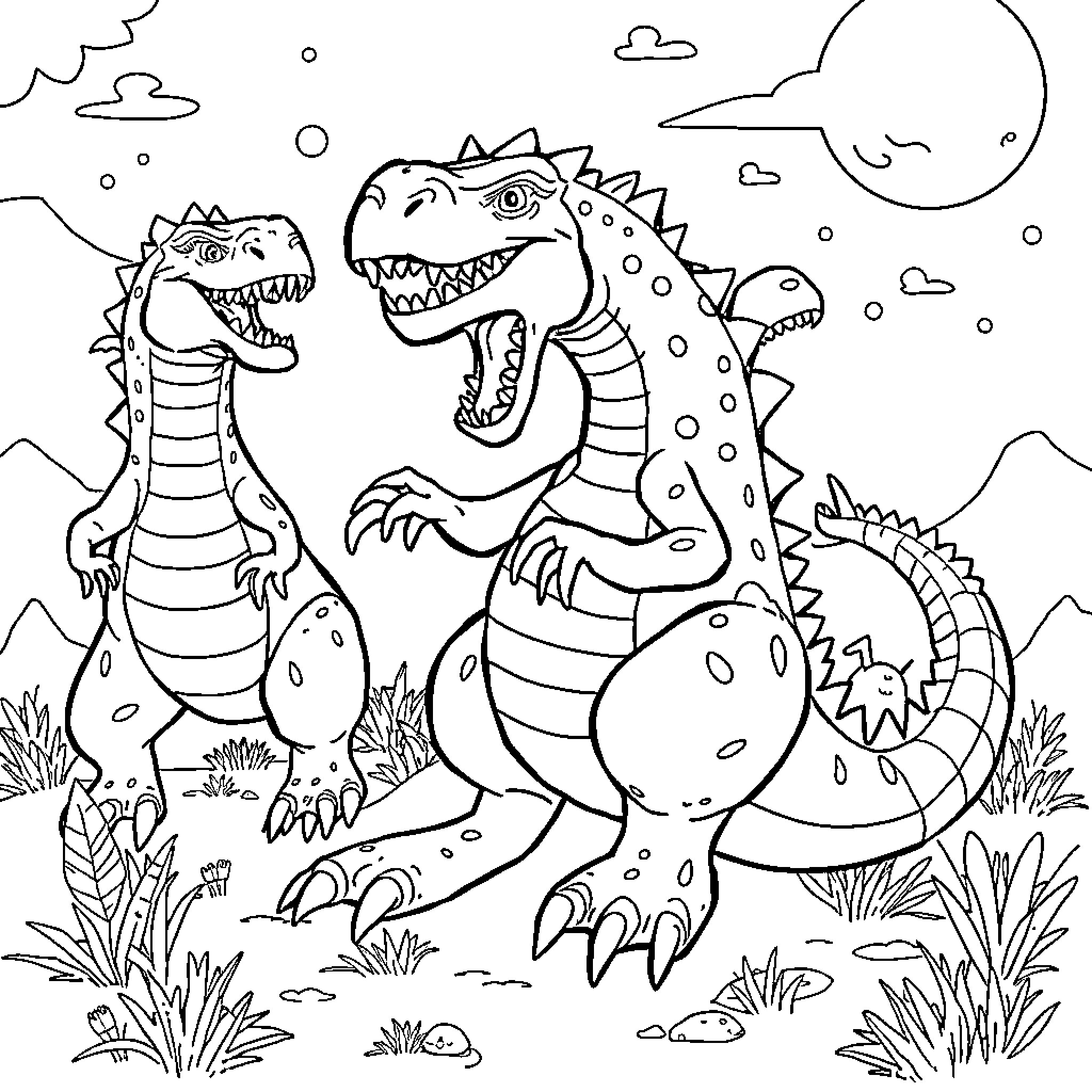 Monstruo Dinosaurs Roaring in Prehistoric Landscape Coloring Page (free black-and-white line drawing printable PDF for all, from beginners to advanced learners, including children, teens, adults, and seniors)