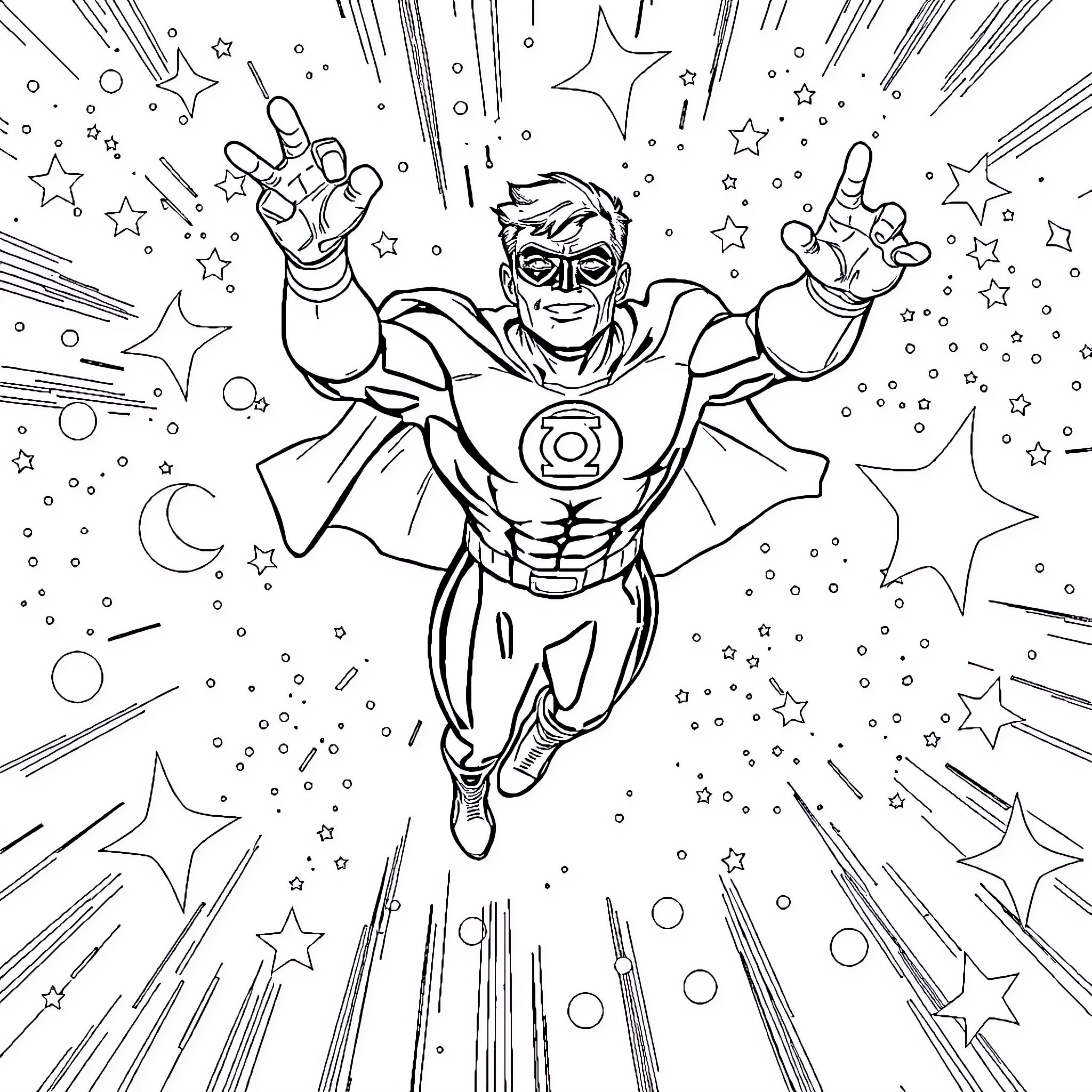Green Lantern soaring through cosmic backdrop Coloring Page (free black-and-white line drawing printable PDF for all, from beginners to advanced learners, including children, teens, adults, and seniors)