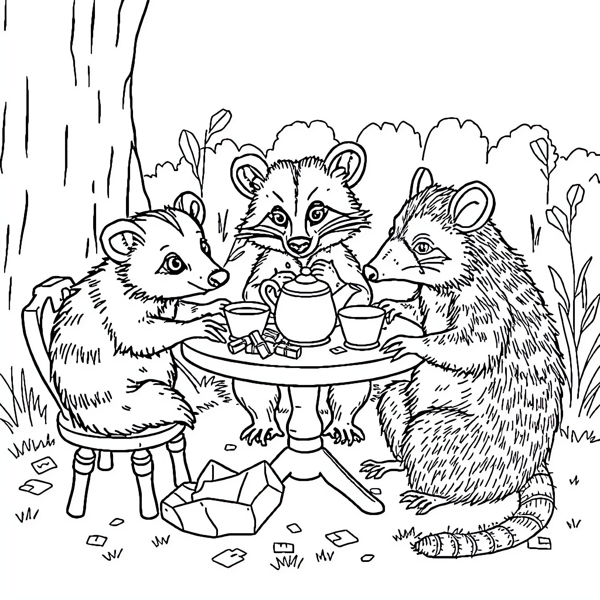 Opossums having a picnic in the forest Coloring Page (free black-and-white line drawing printable PDF for all, from beginners to advanced learners, including children, teens, adults, and seniors)