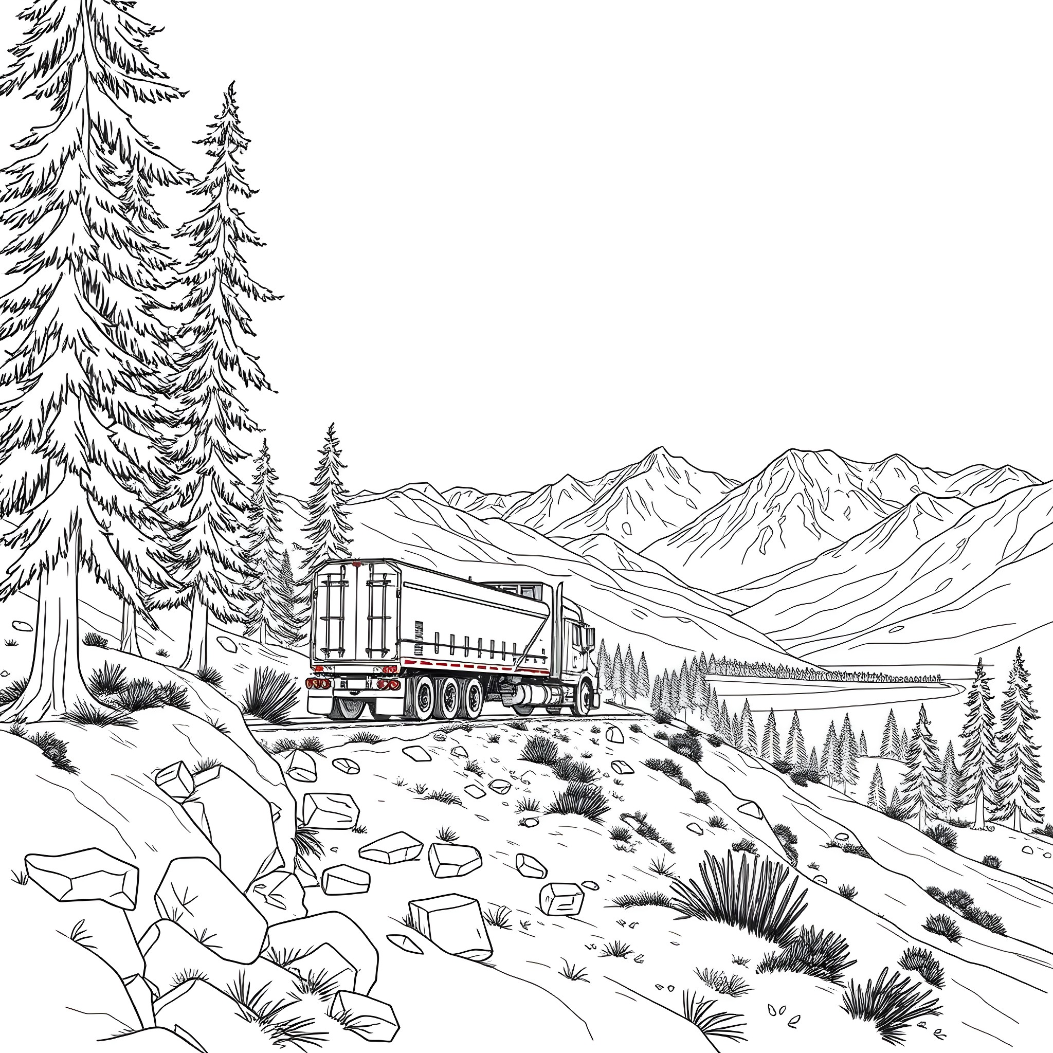 Articulated Hauler transporting cargo through mountainous landscape Coloring Page (free black-and-white line drawing printable PDF for all, from beginners to advanced learners, including children, teens, adults, and seniors)