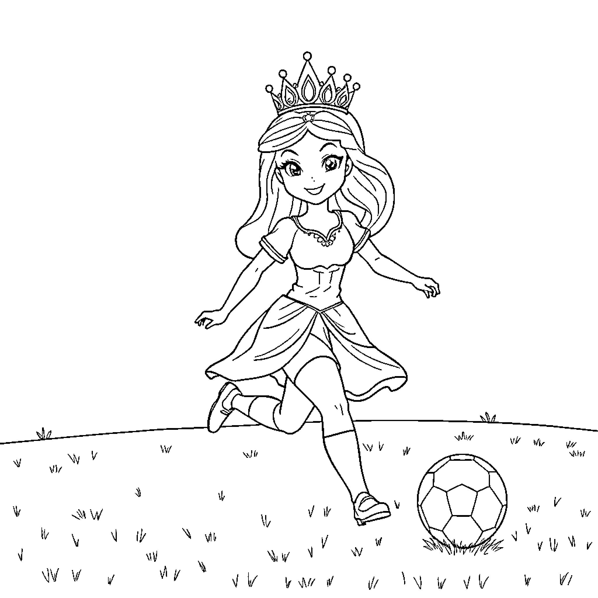 Princess playing with soccer ball in meadow Coloring Page (free black-and-white line drawing printable PDF for all, from beginners to advanced learners, including children, teens, adults, and seniors)