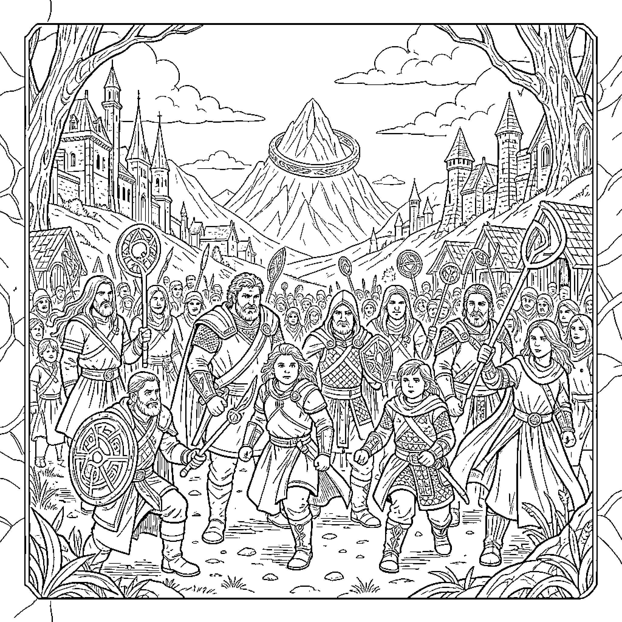Lord of the Ring: Heroic Journey Through Fantastical Landscapes Coloring Page (free black-and-white line drawing printable PDF for all, from beginners to advanced learners, including children, teens, adults, and seniors)