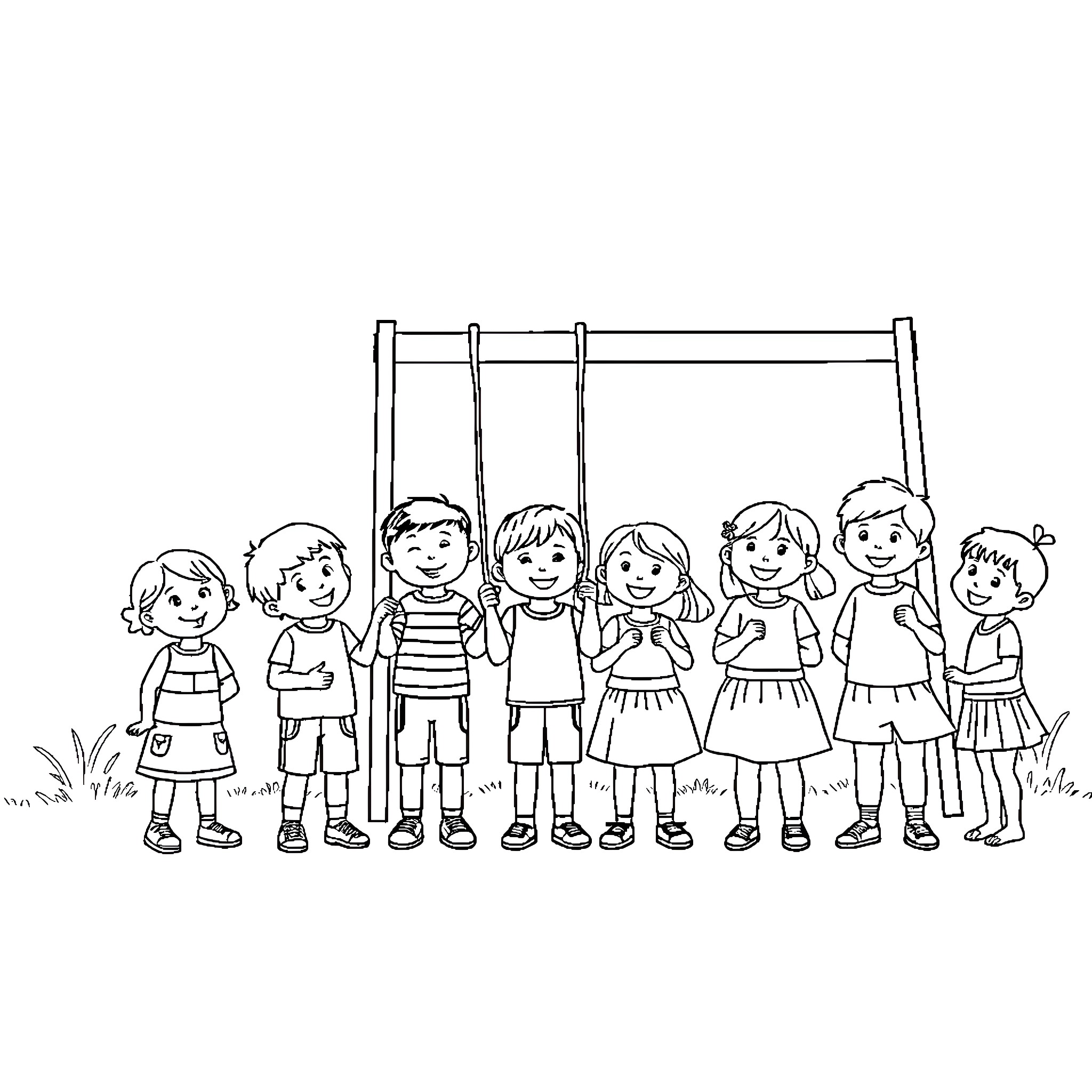 Children playing on a swing set Coloring Page (free black-and-white line drawing printable PDF for all, from beginners to advanced learners, including children, teens, adults, and seniors)