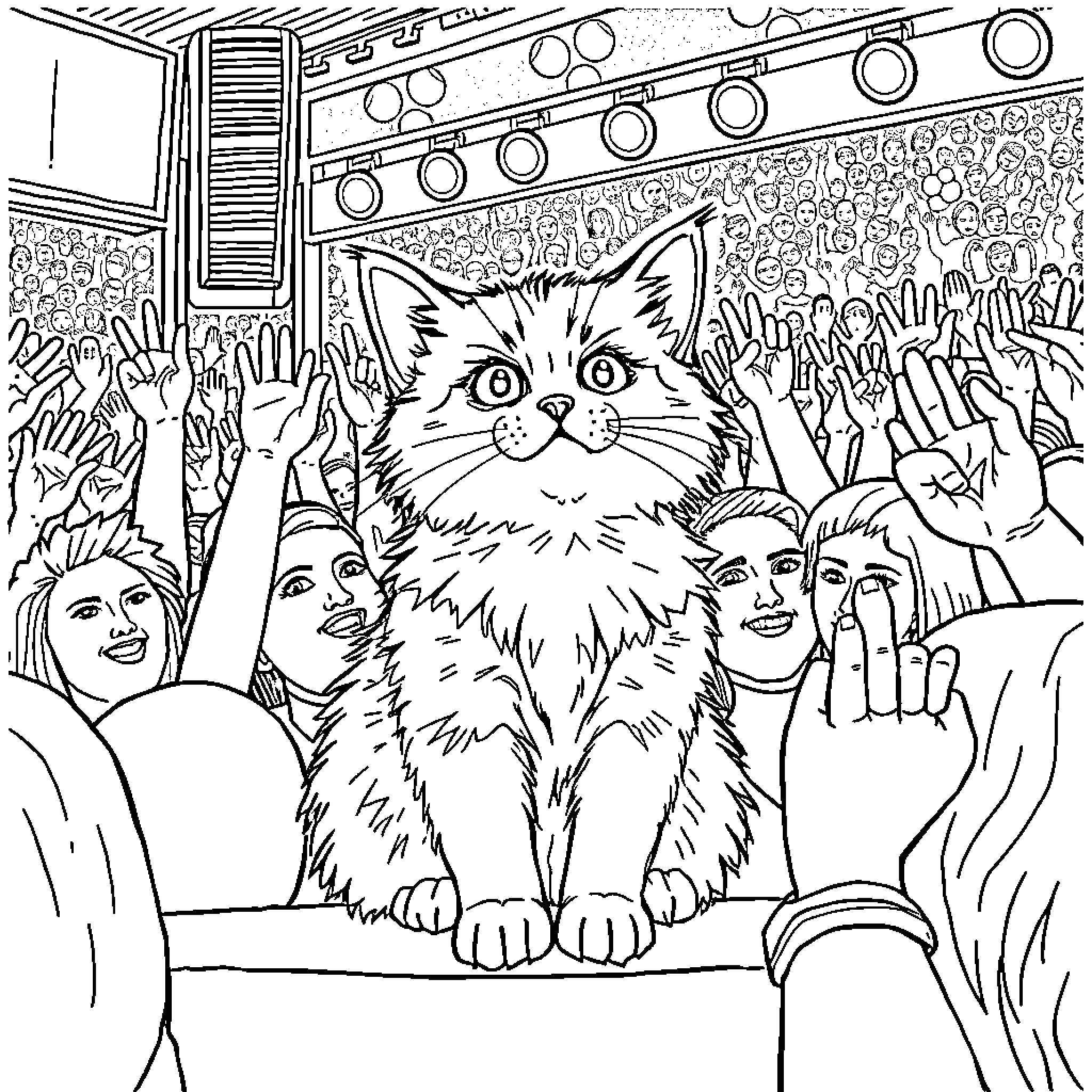 Cat performing on stage in front of crowd Coloring Page (free black-and-white line drawing printable PDF for all, from beginners to advanced learners, including children, teens, adults, and seniors)