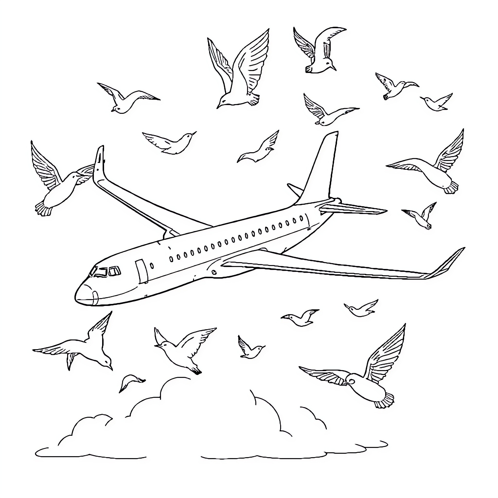 Avión volando entre aves en el cielo Coloring Page (free black-and-white line drawing printable PDF for all, from beginners to advanced learners, including children, teens, adults, and seniors)