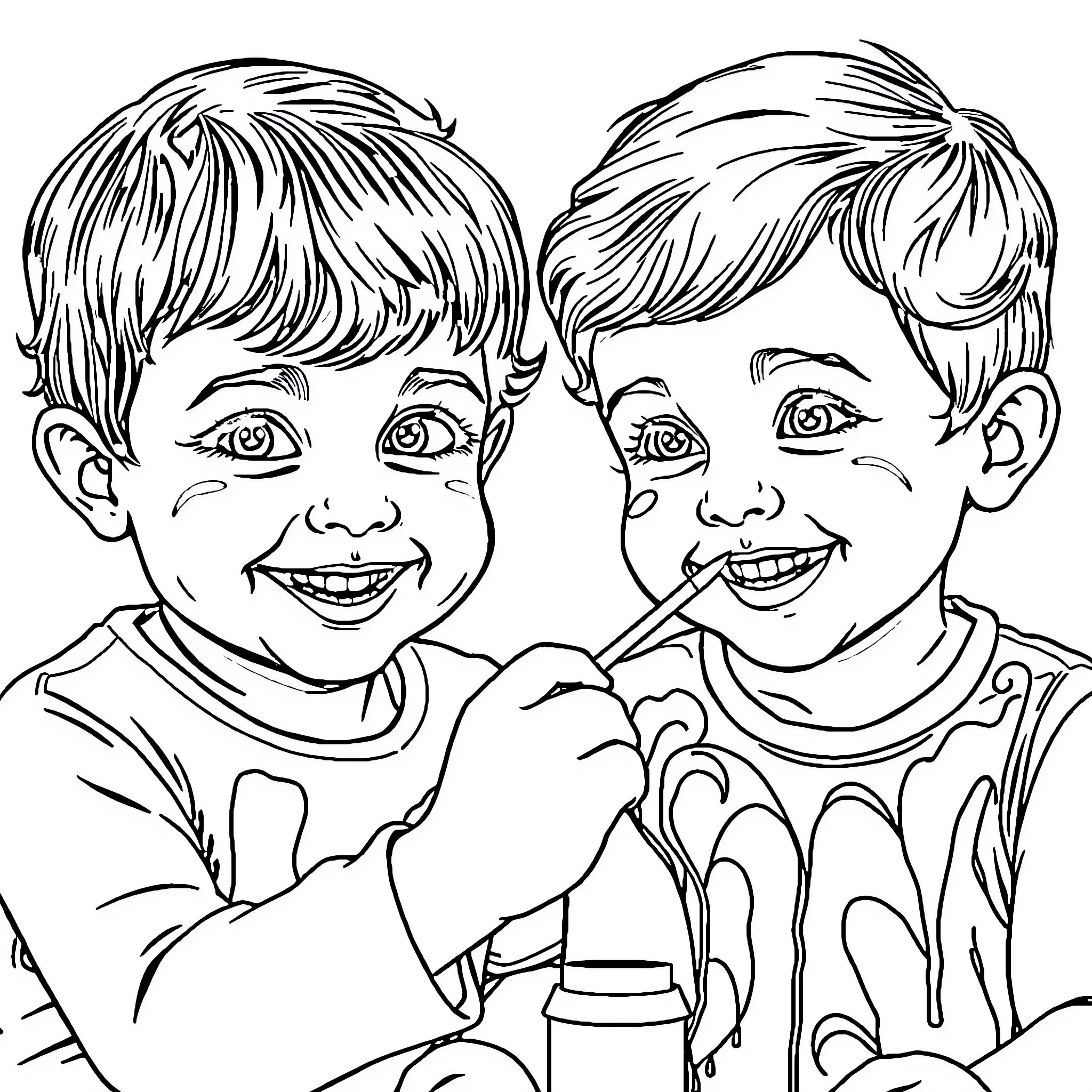 Toddlers laughing and playing together Coloring Page (free black-and-white line drawing printable PDF for all, from beginners to advanced learners, including children, teens, adults, and seniors)