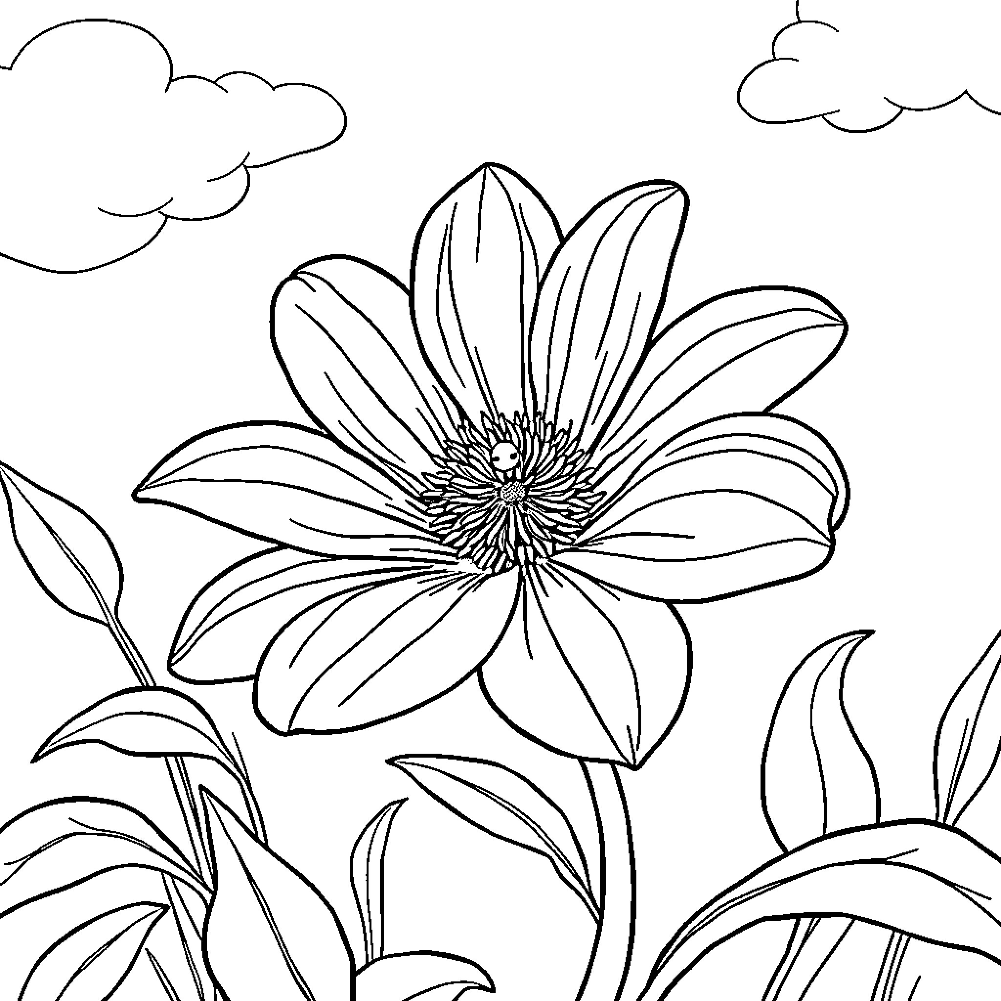 Flower blooming in the garden Coloring Page (free black-and-white line drawing printable PDF for all, from beginners to advanced learners, including children, teens, adults, and seniors)