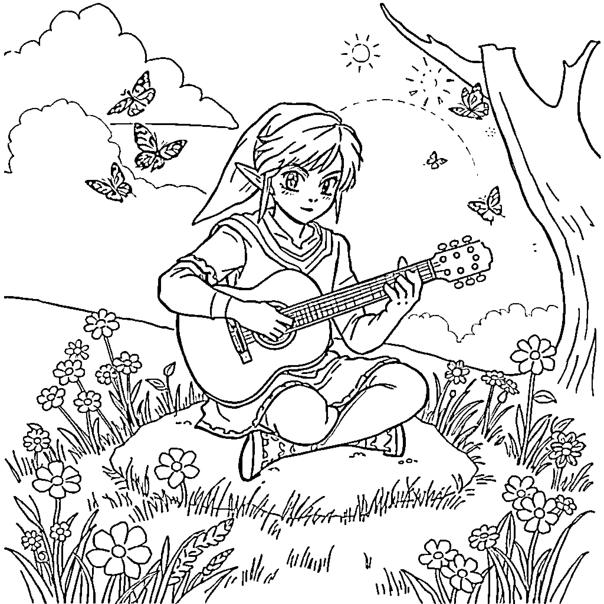Link playing guitar in nature Coloring Page (free black-and-white line drawing printable PDF for all, from beginners to advanced learners, including children, teens, adults, and seniors)