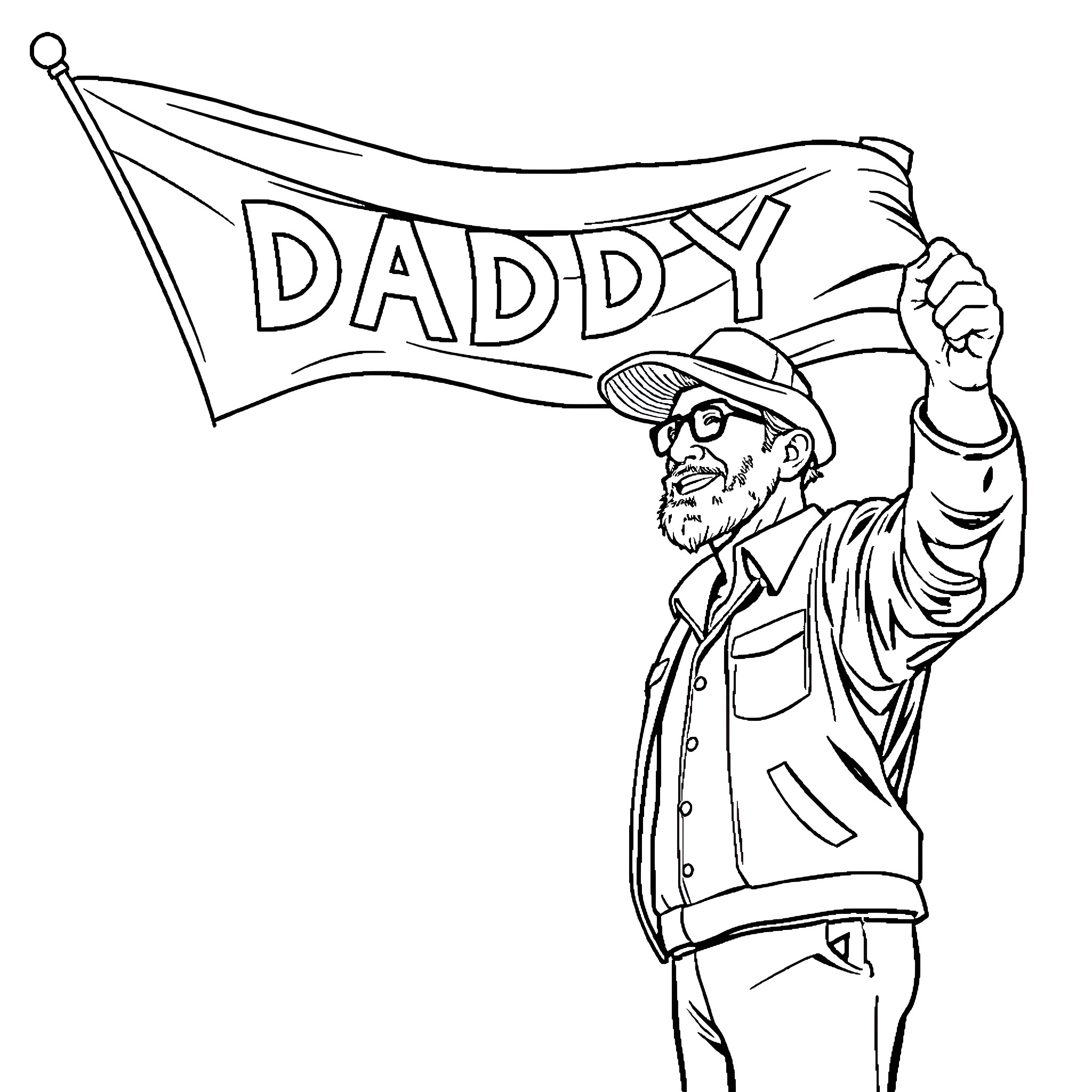 Daddy proudly waving a flag Coloring Page (free black-and-white line drawing printable PDF for all, from beginners to advanced learners, including children, teens, adults, and seniors)