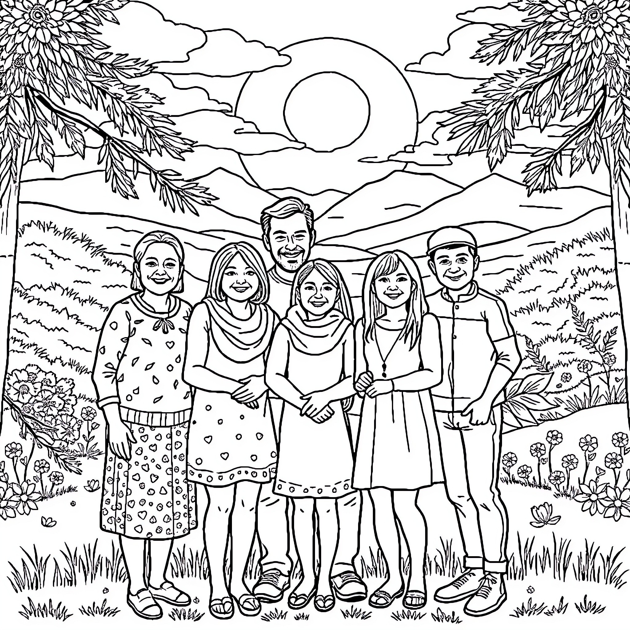 Family Enjoying Outdoor Scene Together Coloring Page (free black-and-white line drawing printable PDF for all, from beginners to advanced learners, including children, teens, adults, and seniors)