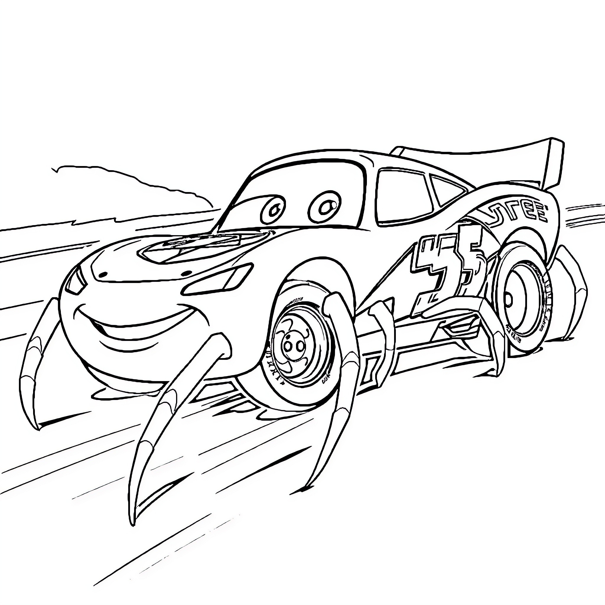 Lightning McQueen racing on the track Coloring Page (free black-and-white line drawing printable PDF for all, from beginners to advanced learners, including children, teens, adults, and seniors)