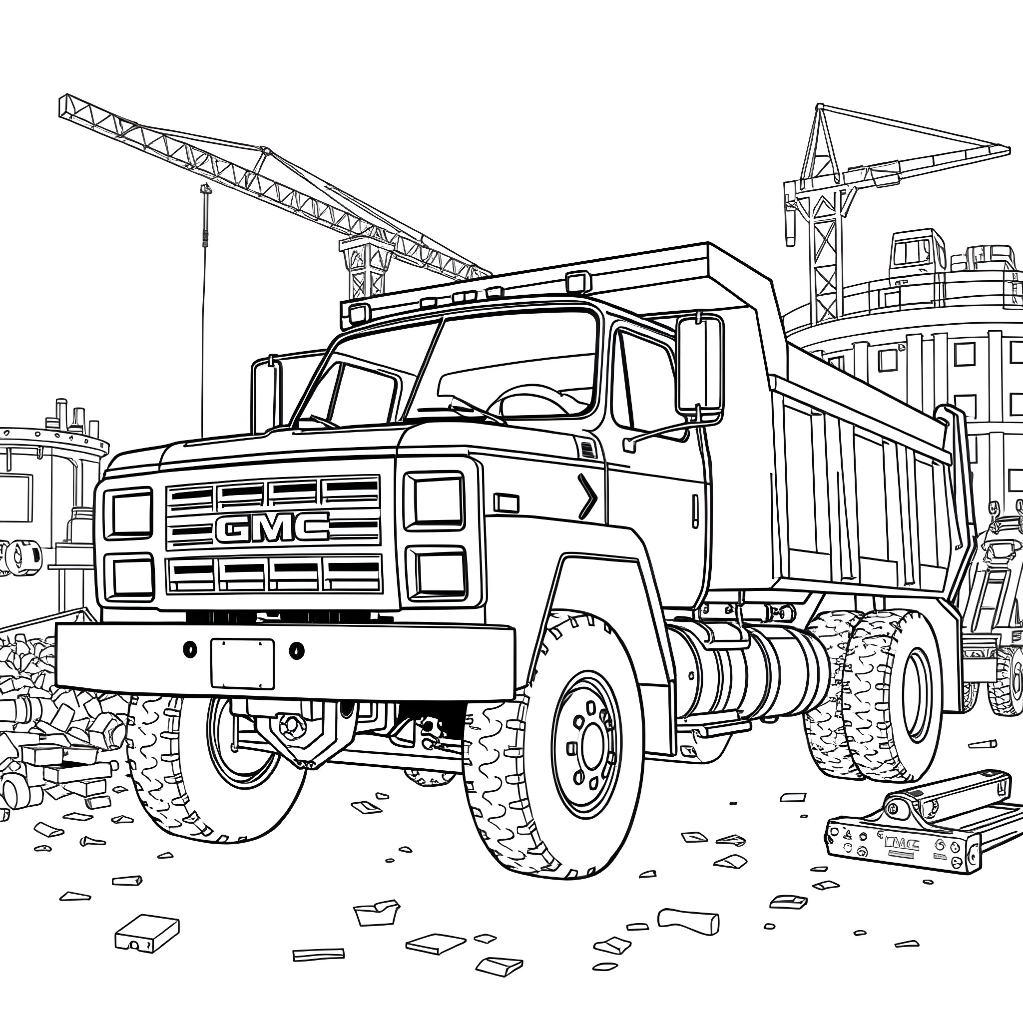 Gmc Truck Hauling Materials on Construction Site Coloring Page (free black-and-white line drawing printable PDF for all, from beginners to advanced learners, including children, teens, adults, and seniors)