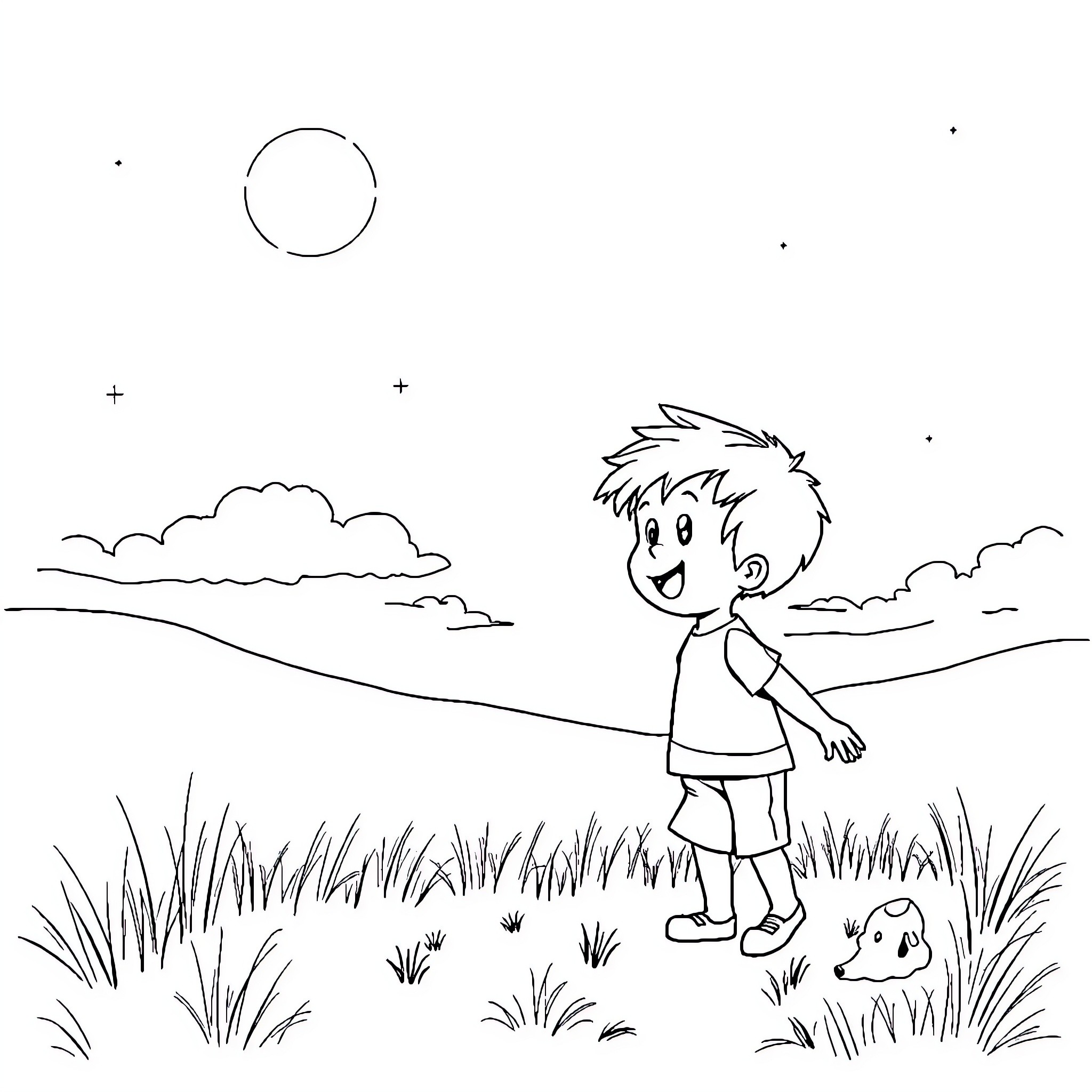 Boy exploring nature in the countryside Coloring Page (free black-and-white line drawing printable PDF for all, from beginners to advanced learners, including children, teens, adults, and seniors)